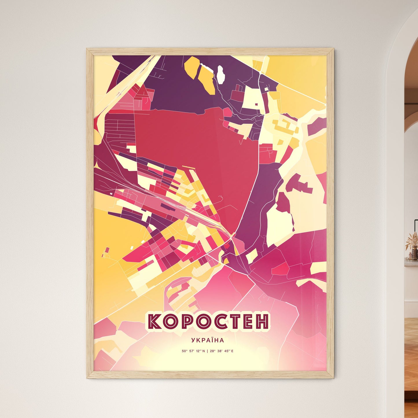 Colorful KOROSTEN UKRAINE Fine Art Map Hot Red