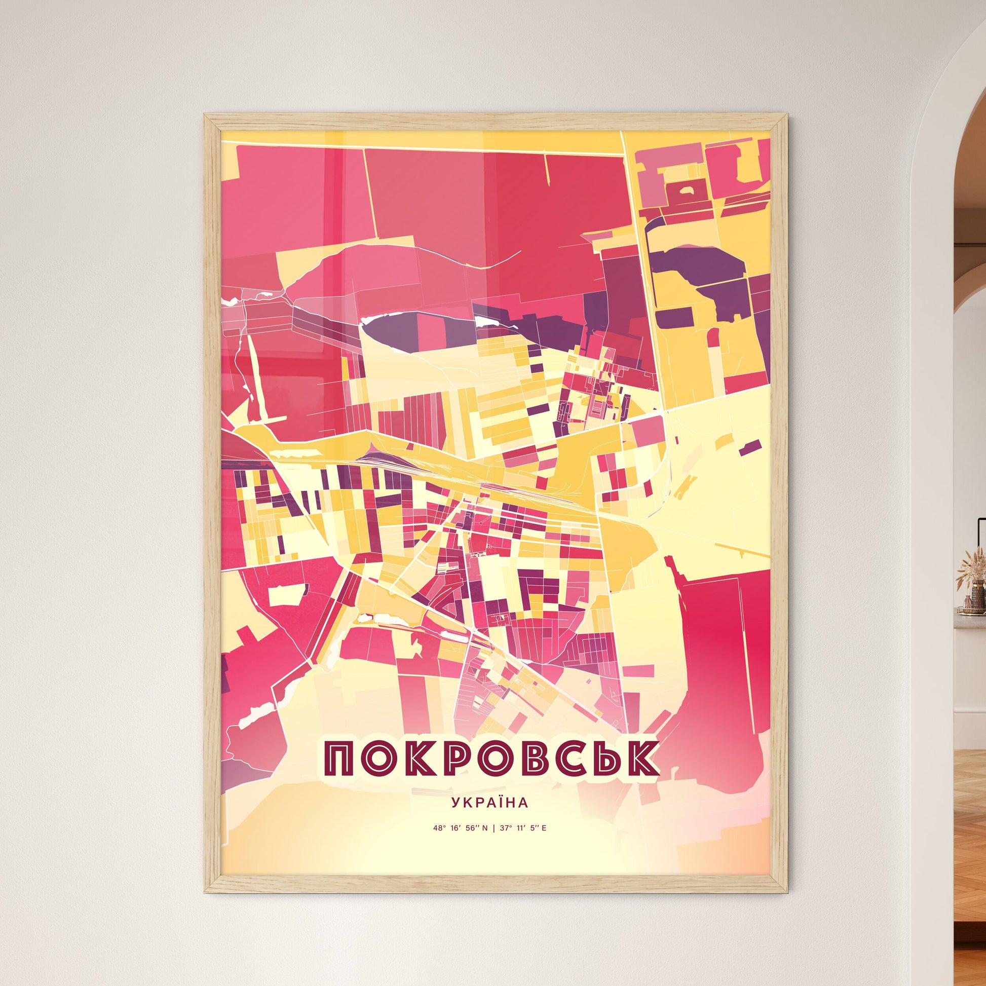 Colorful POKROVSK UKRAINE Fine Art Map Hot Red