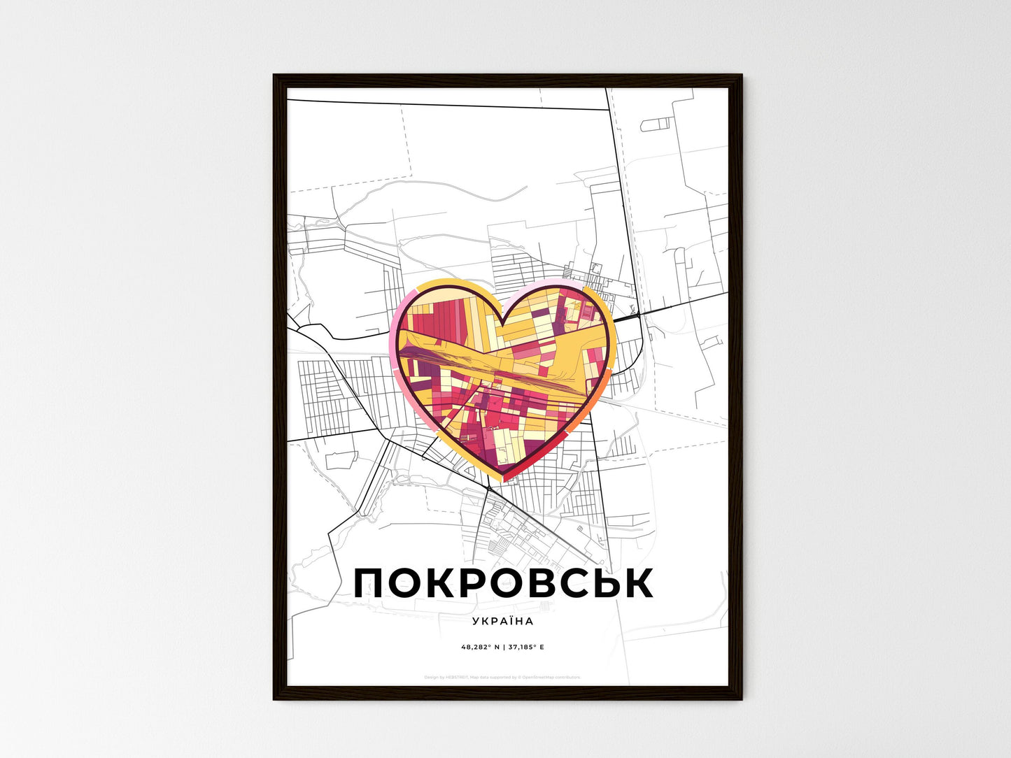 Pokrovsk Ukraine wedding art map with heart icon