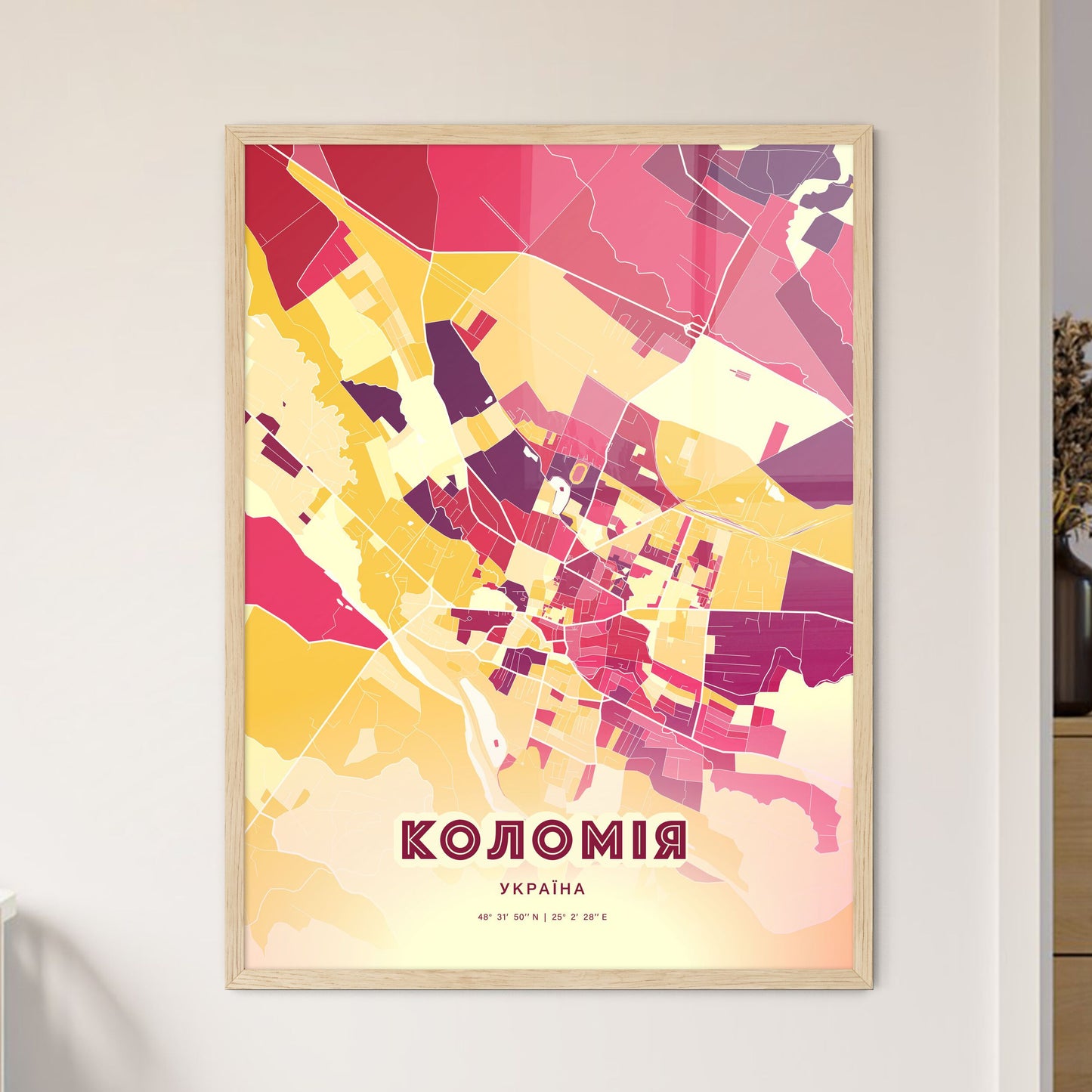 Colorful KOLOMYIA UKRAINE Fine Art Map Hot Red