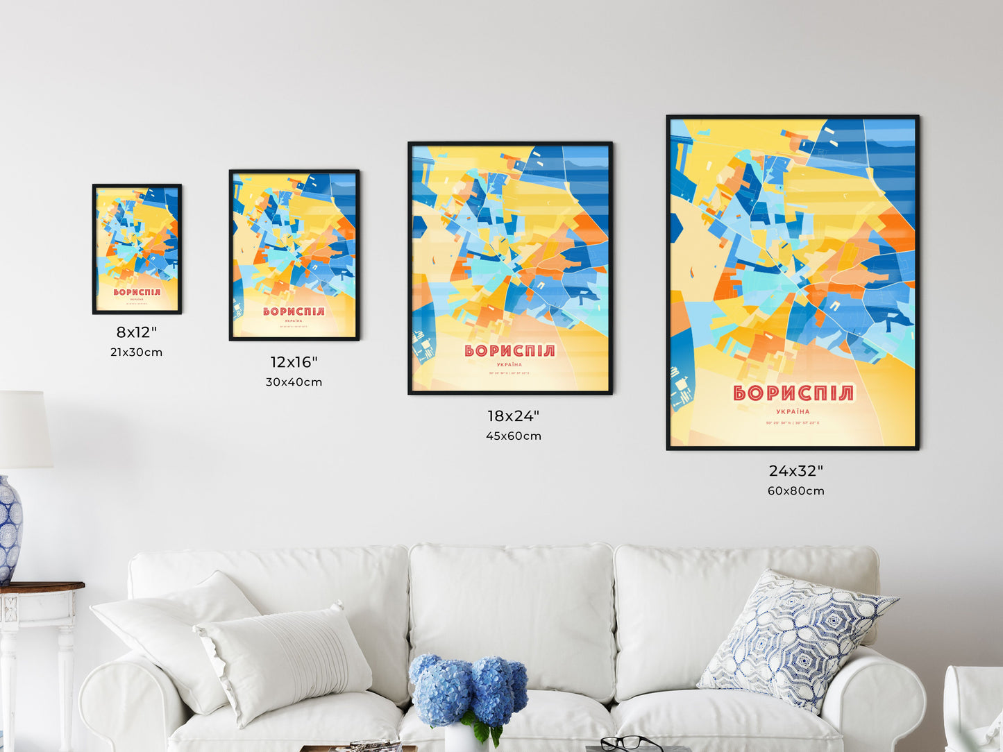 Colorful BORYSPIL UKRAINE Fine Art Map Blue Orange