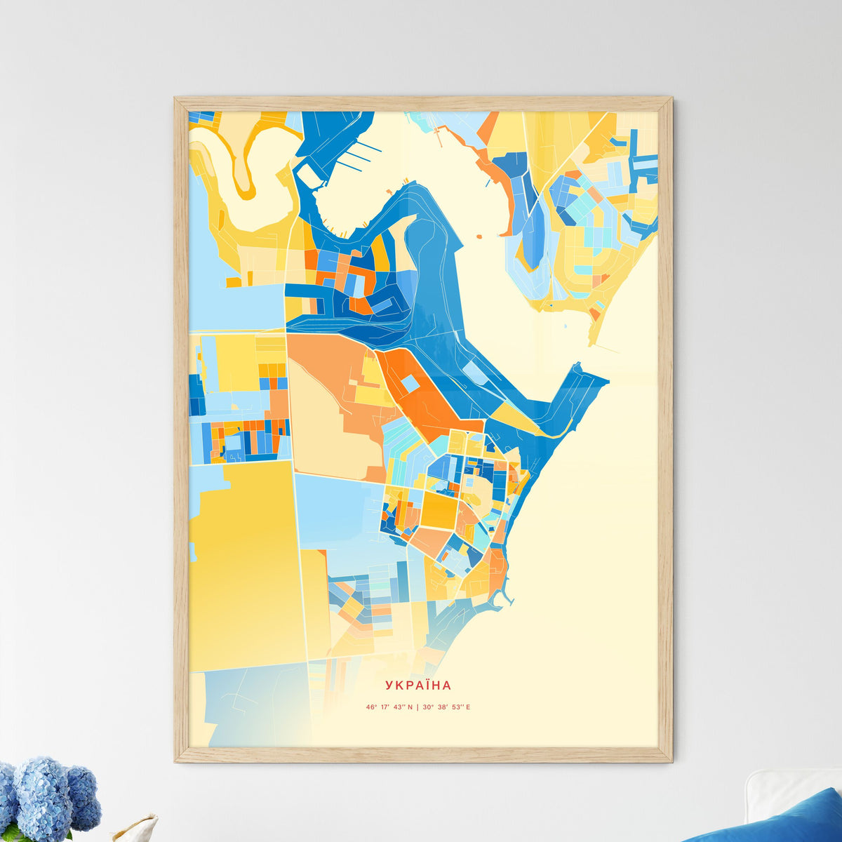 Colorful CHORNOMORSK UKRAINE Fine Art Map Blue Orange