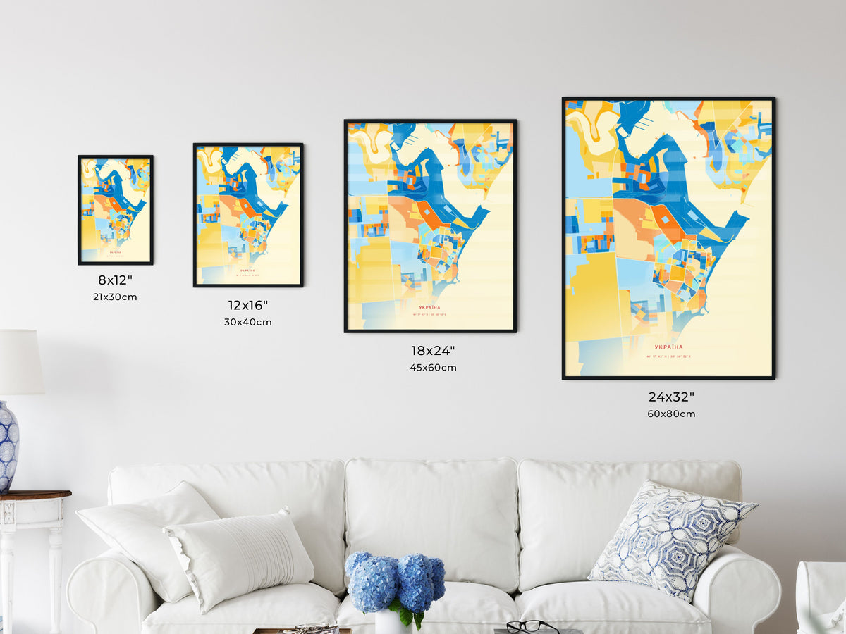 Colorful CHORNOMORSK UKRAINE Fine Art Map Blue Orange