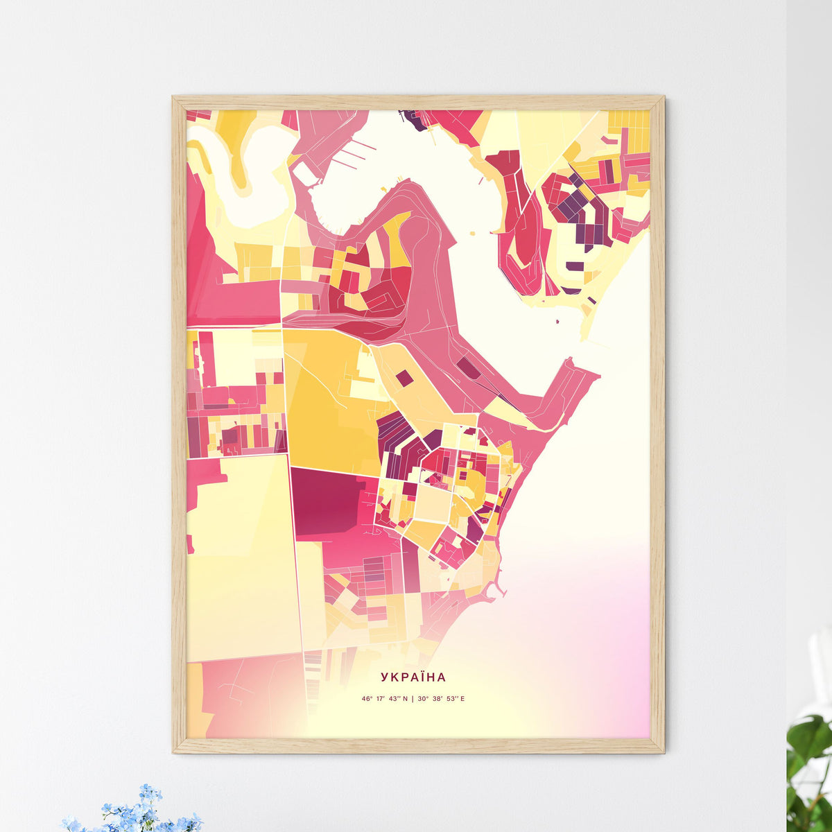 Colorful CHORNOMORSK UKRAINE Fine Art Map Hot Red