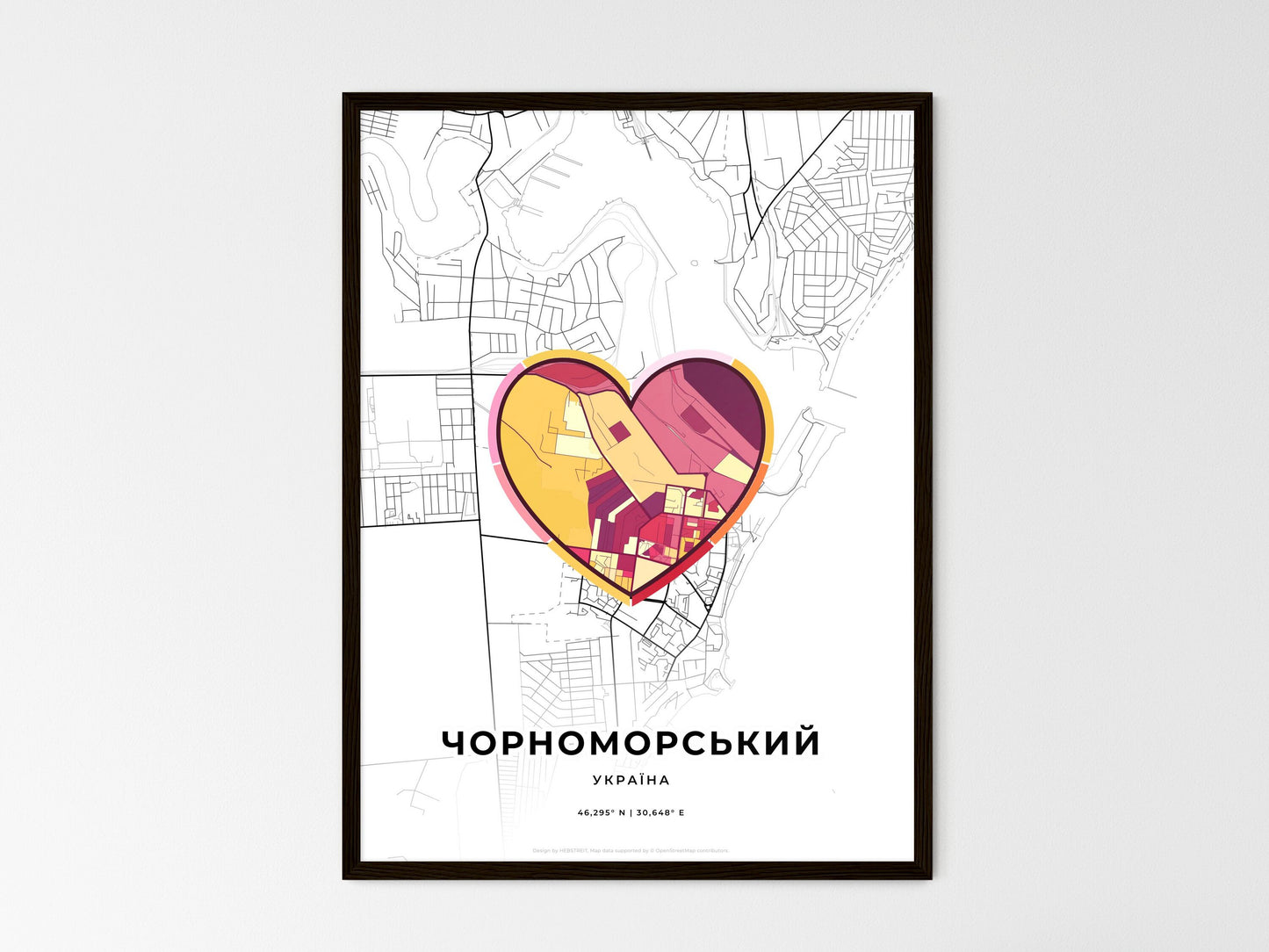 Chornomorsk Ukraine wedding art map with heart icon