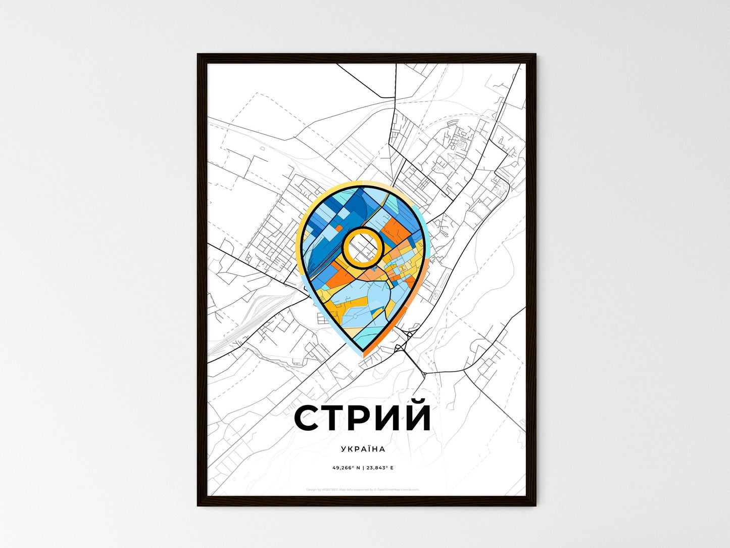 Stryi Ukraine wedding art map with pointer icon