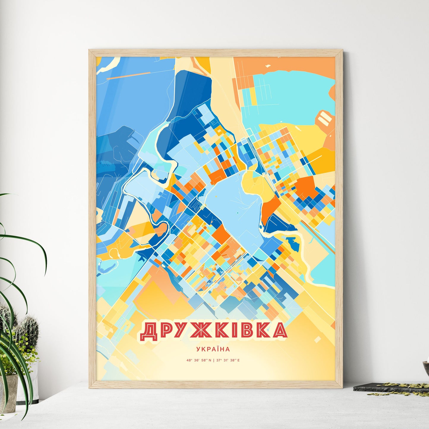 Colorful DRUZHKIVKA UKRAINE Fine Art Map Blue Orange