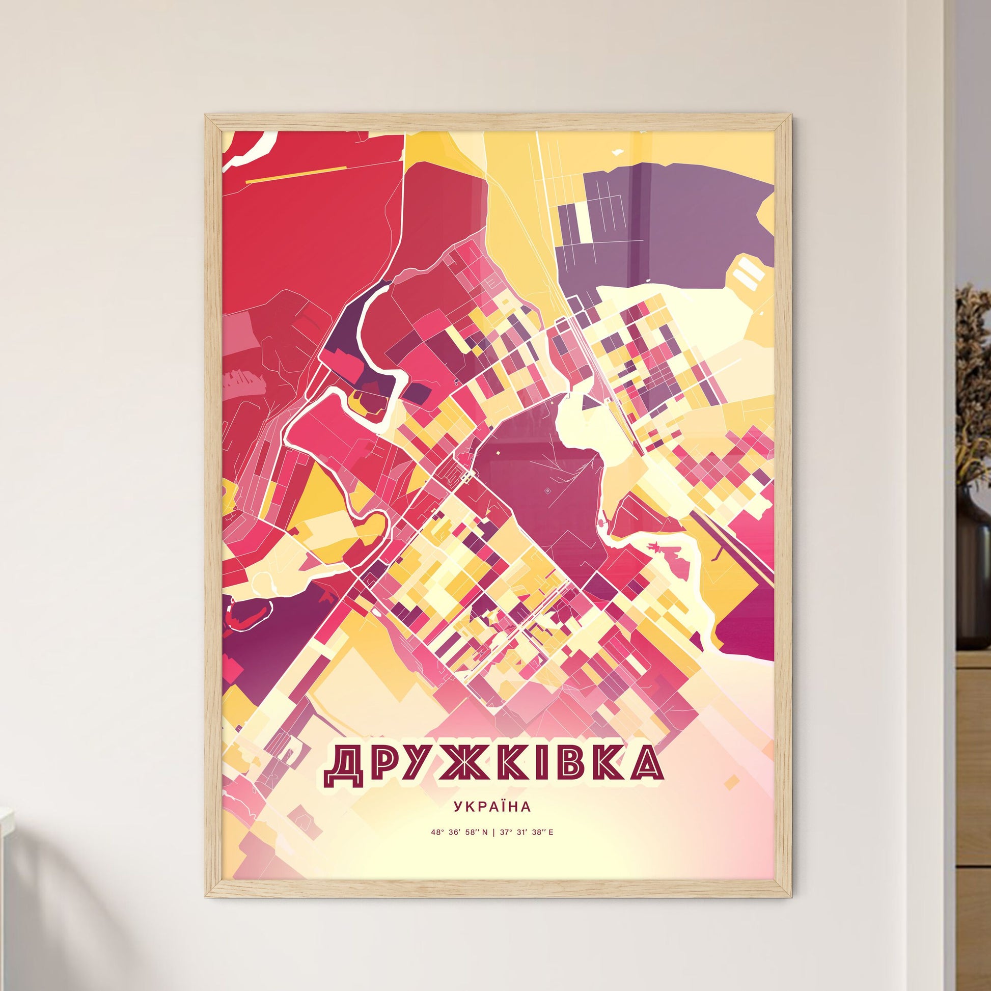 Colorful DRUZHKIVKA UKRAINE Fine Art Map Hot Red