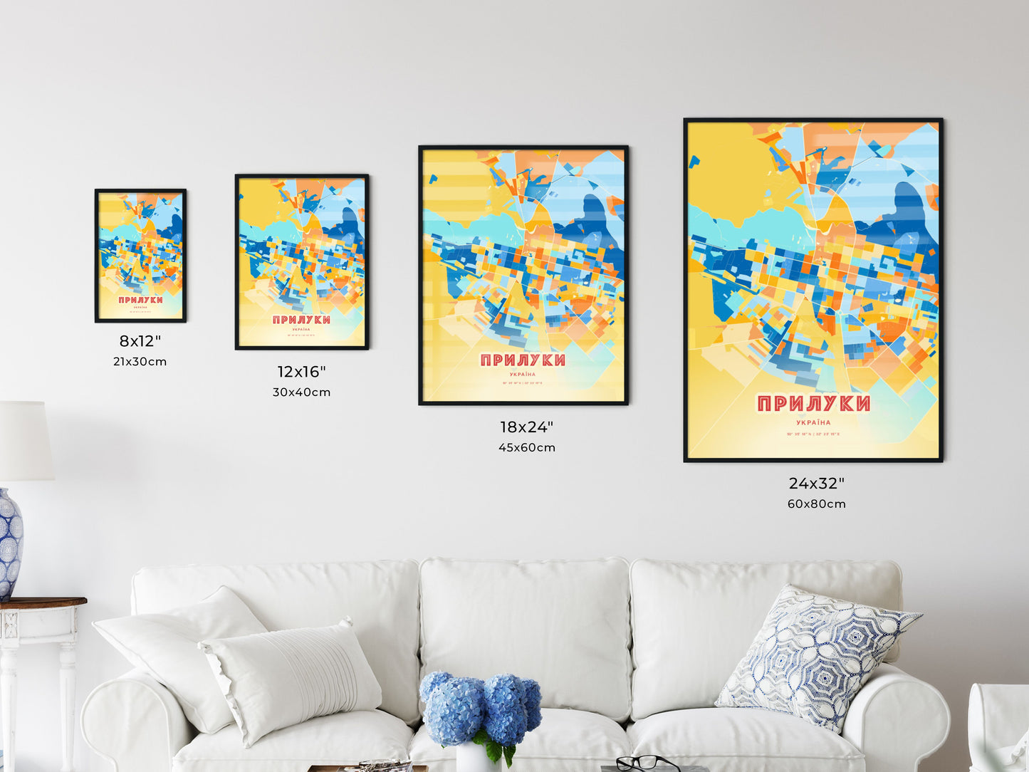 Colorful PRYLUKY UKRAINE Fine Art Map Blue Orange