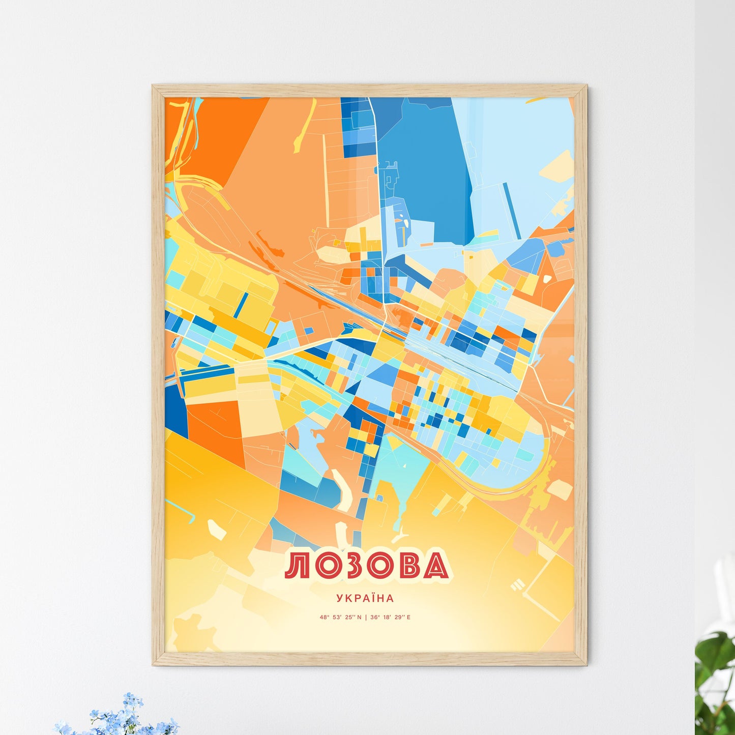 Colorful LOZOVA UKRAINE Fine Art Map Blue Orange