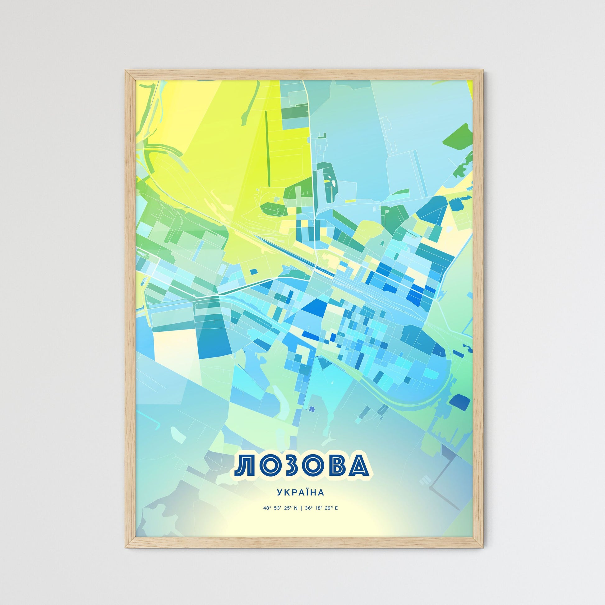 Colorful LOZOVA UKRAINE Fine Art Map Cool Blue