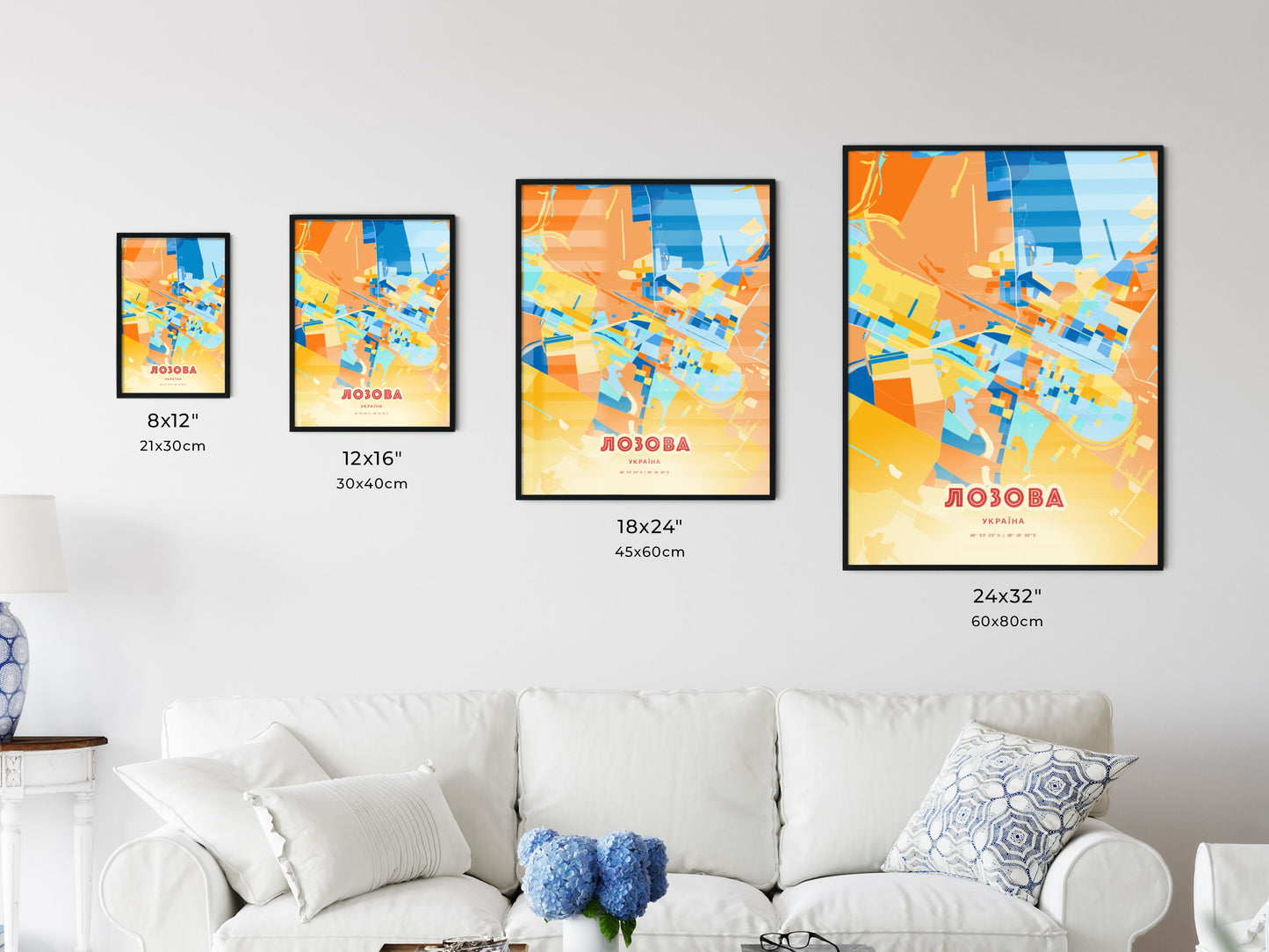 Colorful LOZOVA UKRAINE Fine Art Map Blue Orange