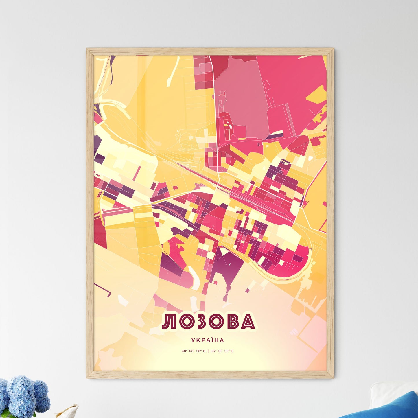 Colorful LOZOVA UKRAINE Fine Art Map Hot Red