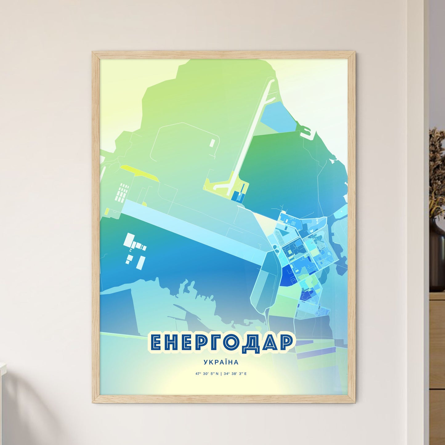 Colorful ENERHODAR UKRAINE Fine Art Map Cool Blue