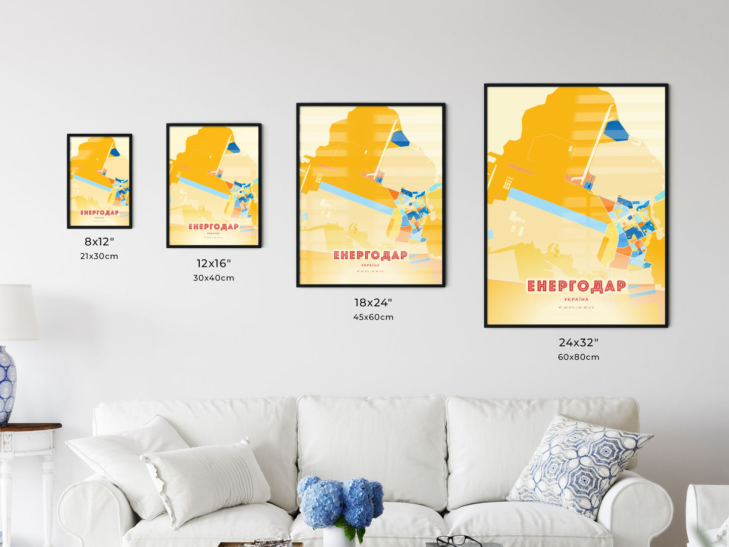 Colorful ENERHODAR UKRAINE Fine Art Map Blue Orange