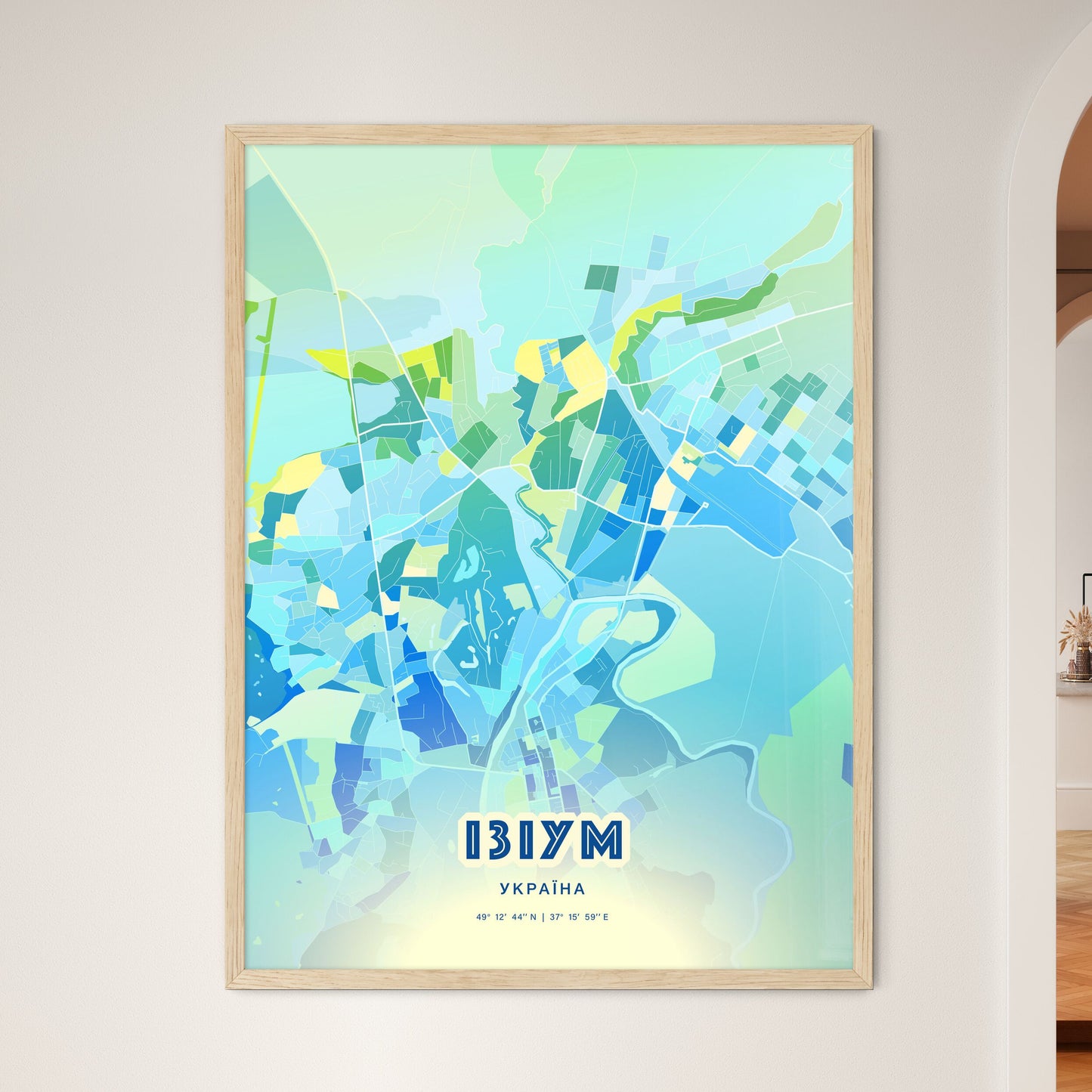 Colorful IZIUM UKRAINE Fine Art Map Cool Blue