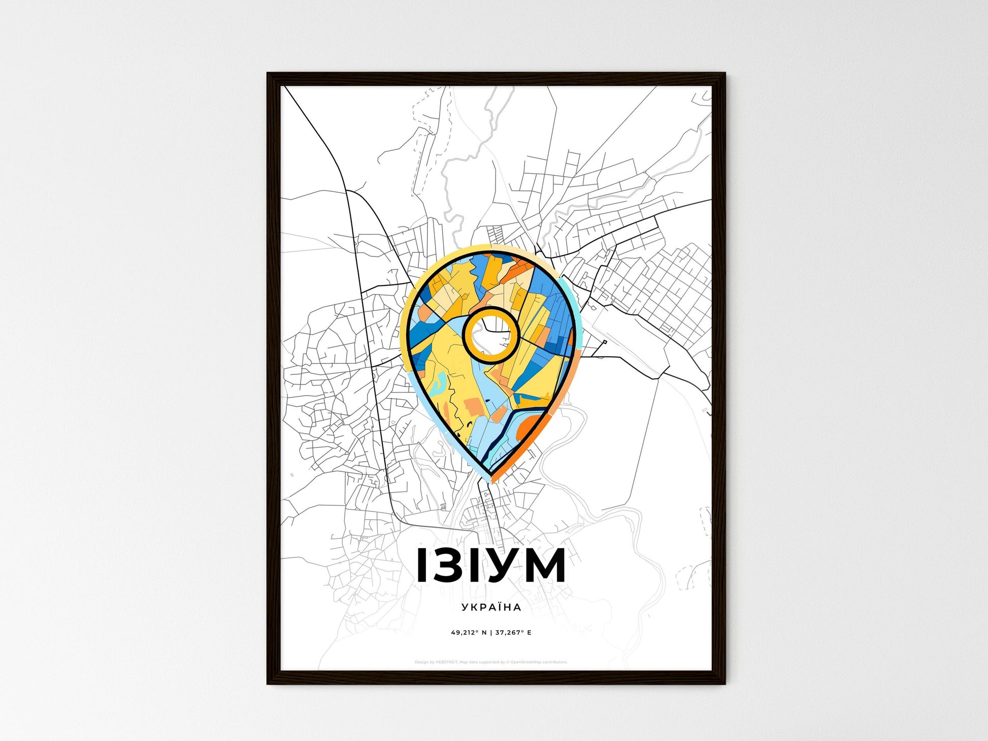 Izium Ukraine wedding art map with pointer icon