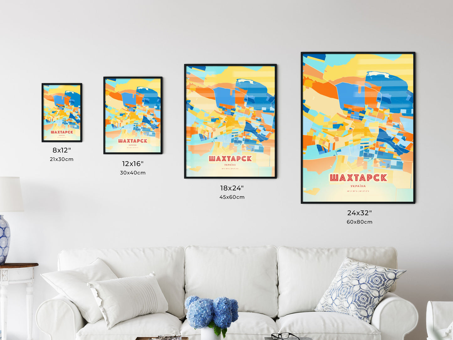 Colorful SHAKHTARSK UKRAINE Fine Art Map Blue Orange