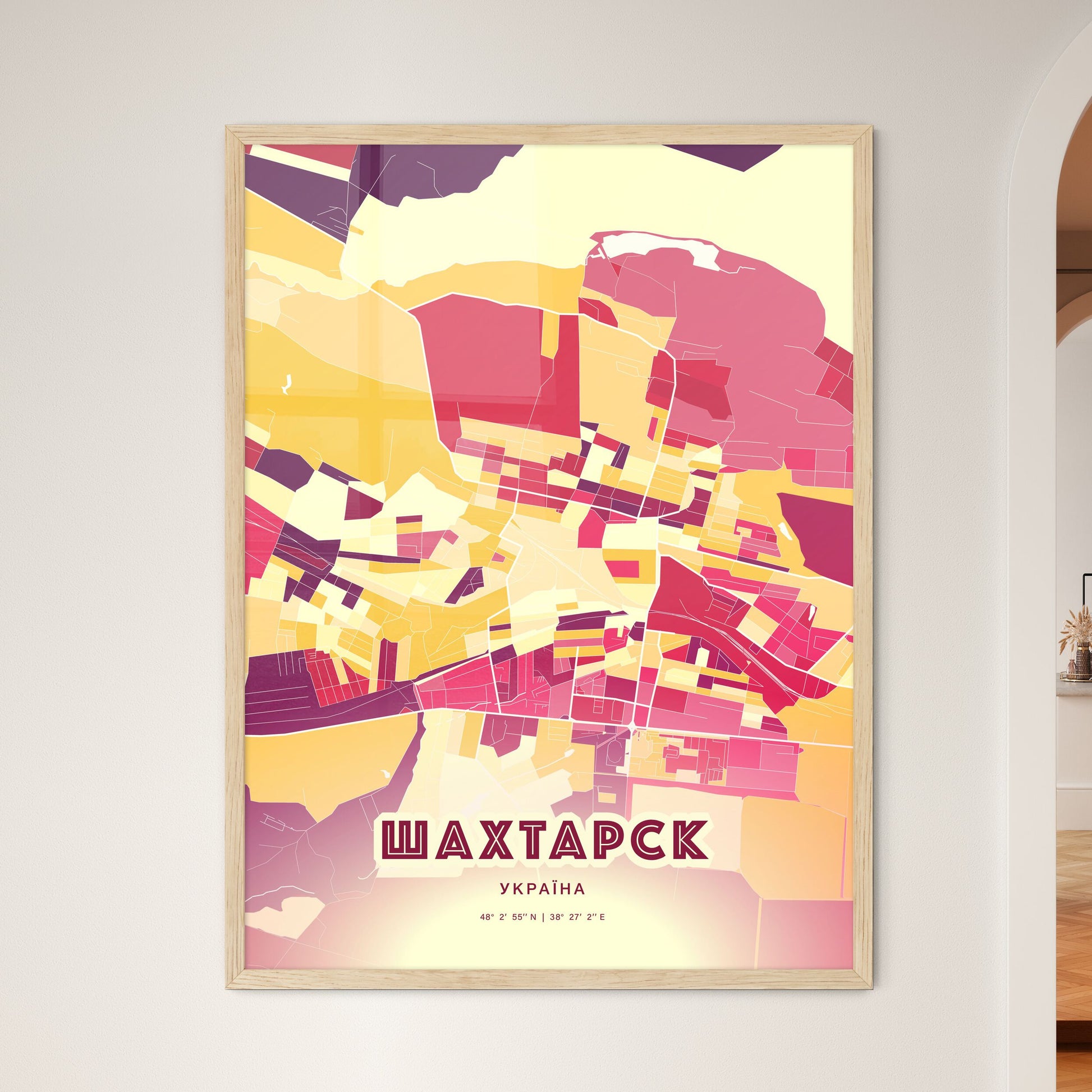 Colorful SHAKHTARSK UKRAINE Fine Art Map Hot Red