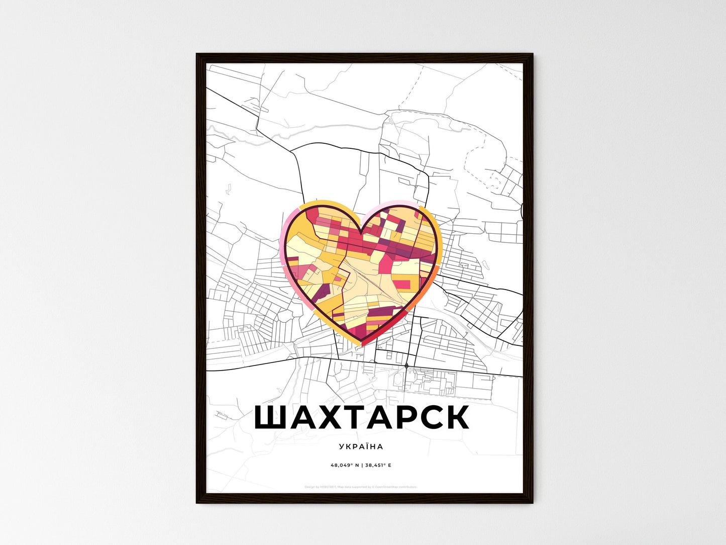 Shakhtarsk Ukraine wedding art map with heart icon