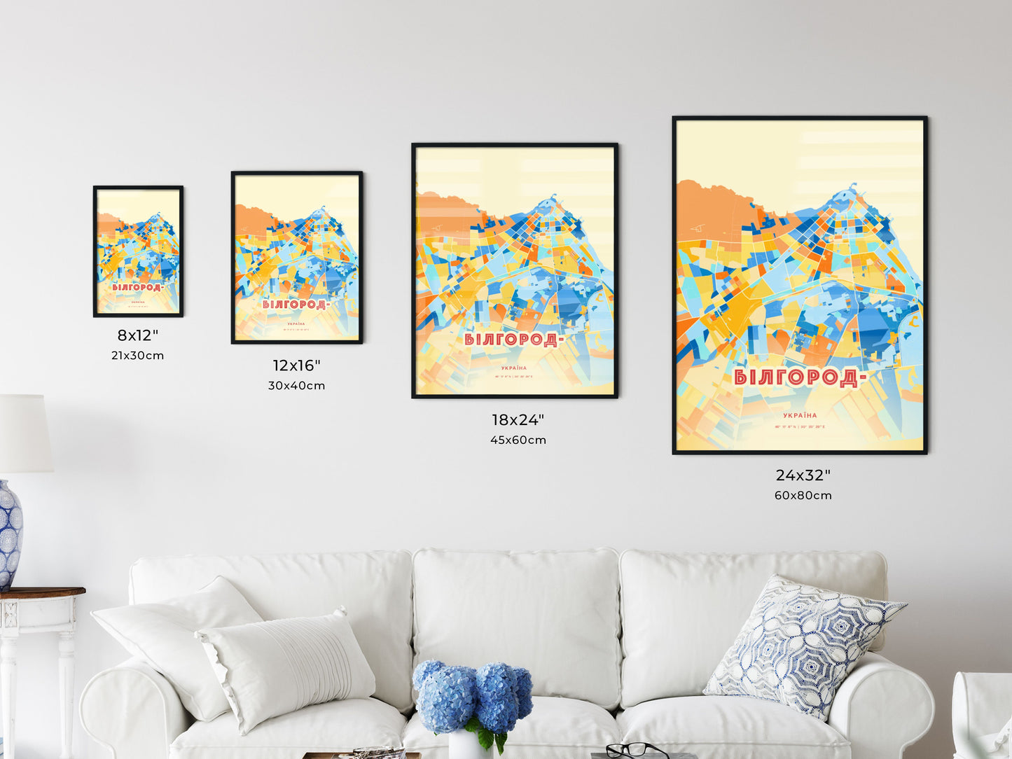 Colorful BILHOROD-DNISTROVSKYI UKRAINE Fine Art Map Blue Orange