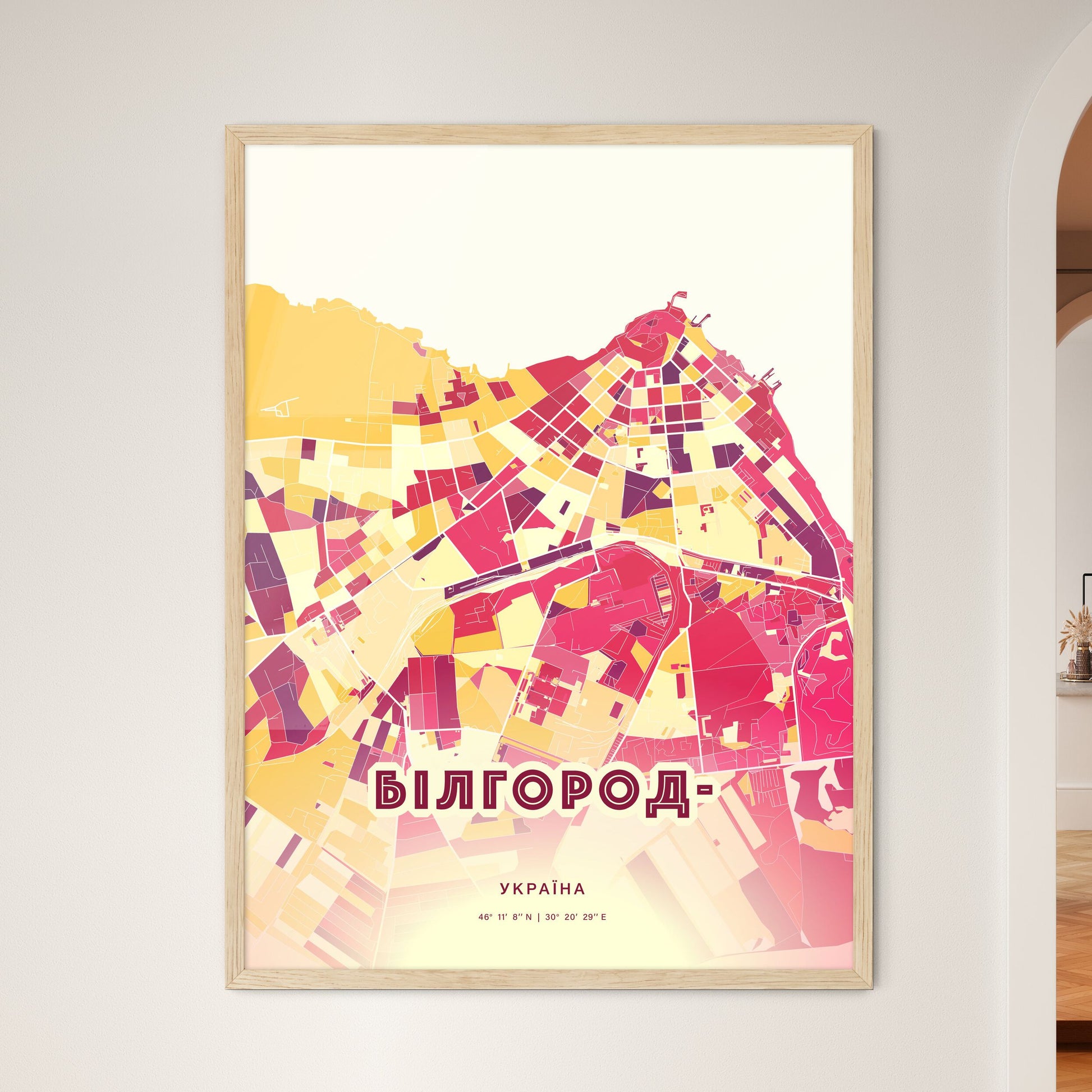 Colorful BILHOROD-DNISTROVSKYI UKRAINE Fine Art Map Hot Red