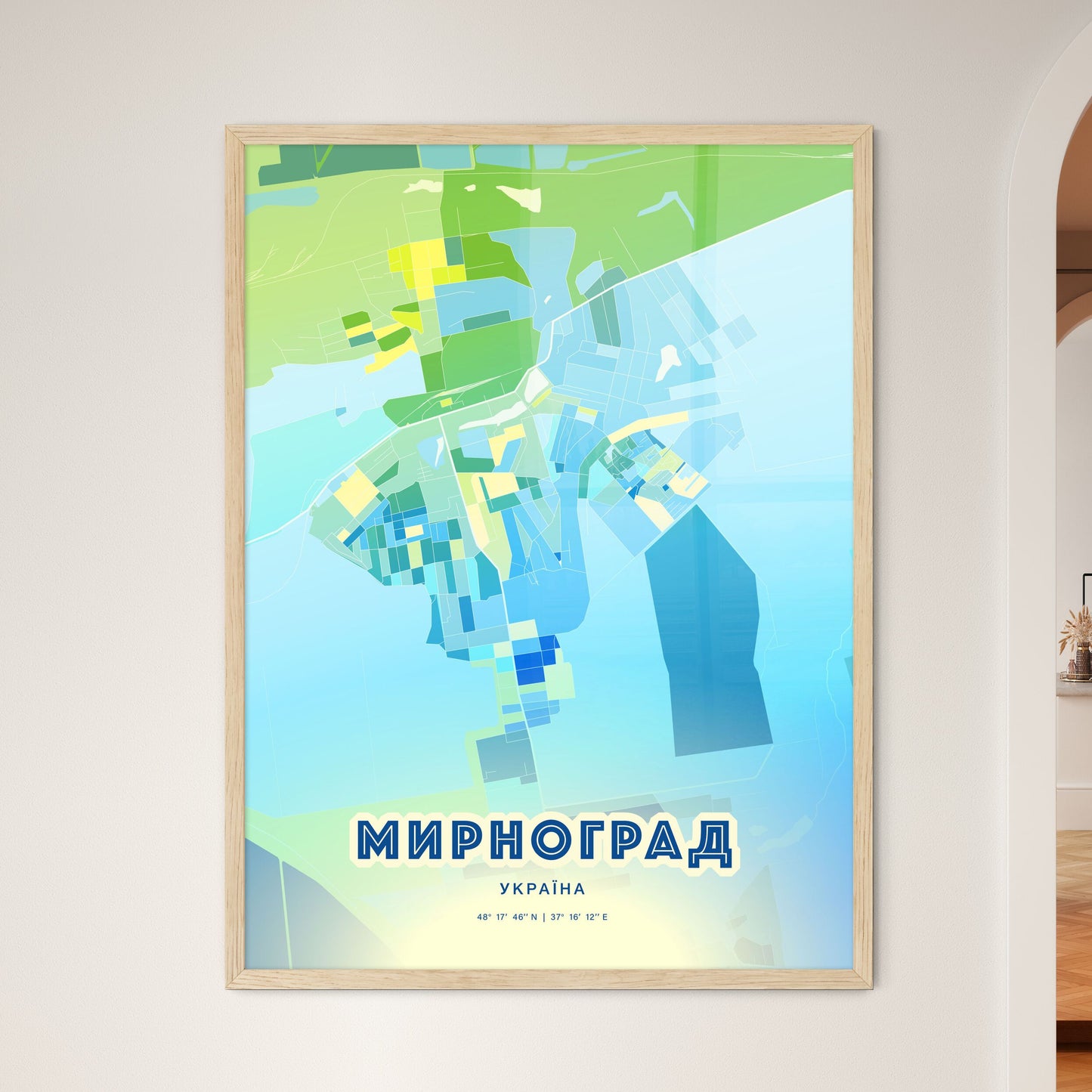 Colorful MYRNOHRAD UKRAINE Fine Art Map Cool Blue