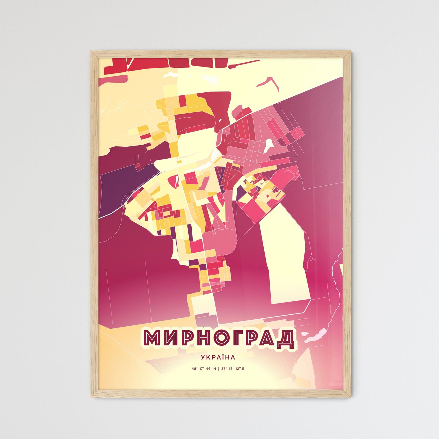 Colorful MYRNOHRAD UKRAINE Fine Art Map Hot Red