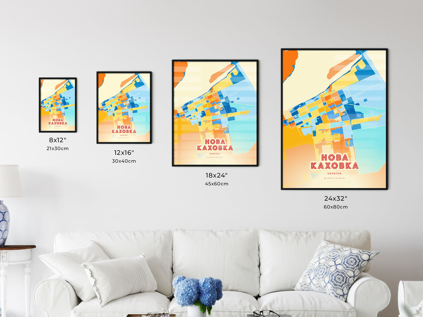 Colorful NOVA KAKHOVKA UKRAINE Fine Art Map Blue Orange