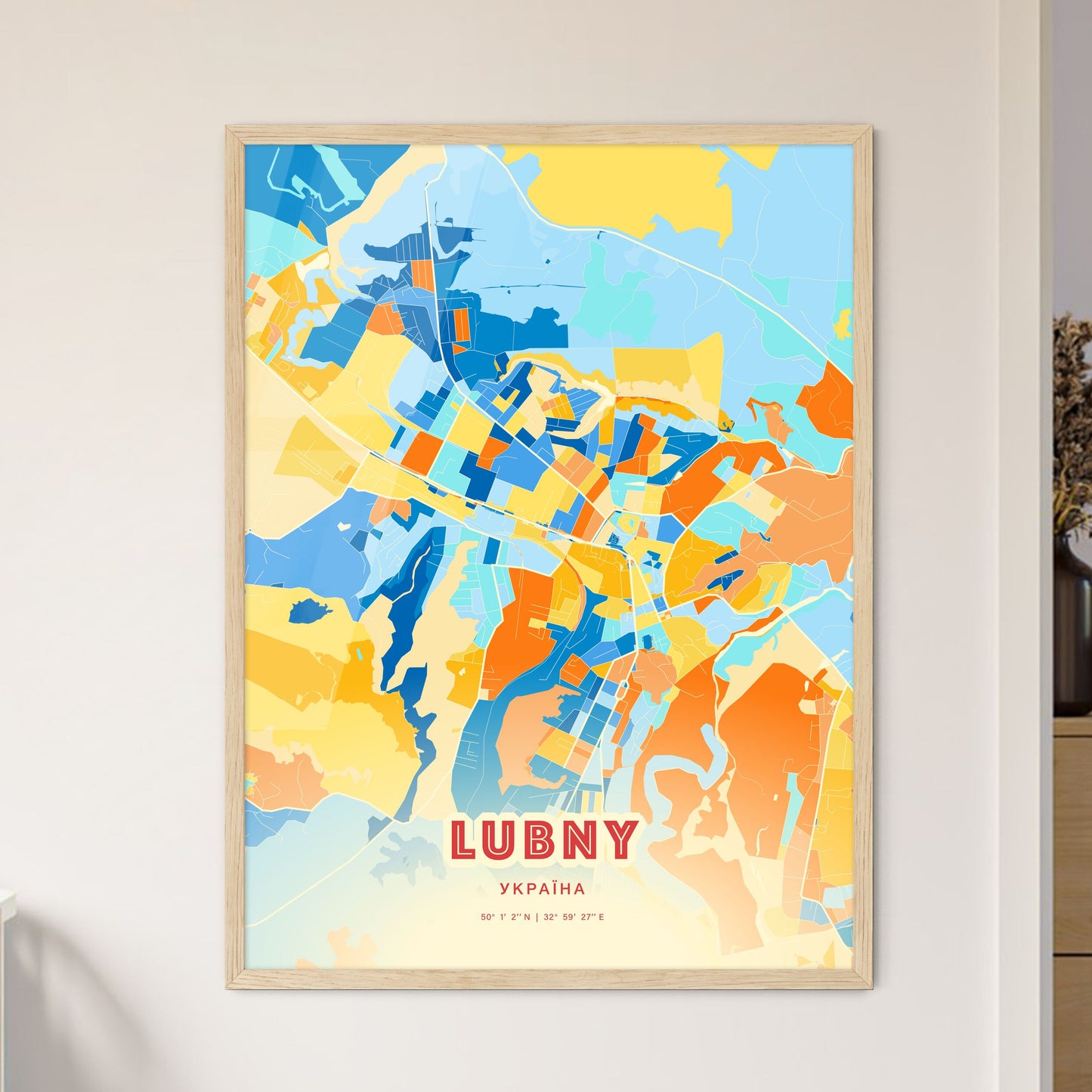 Colorful LUBNY UKRAINE Fine Art Map Blue Orange