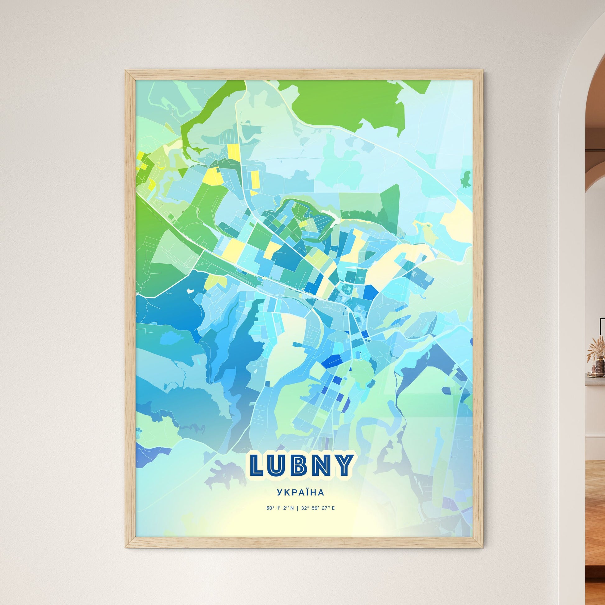 Colorful LUBNY UKRAINE Fine Art Map Cool Blue