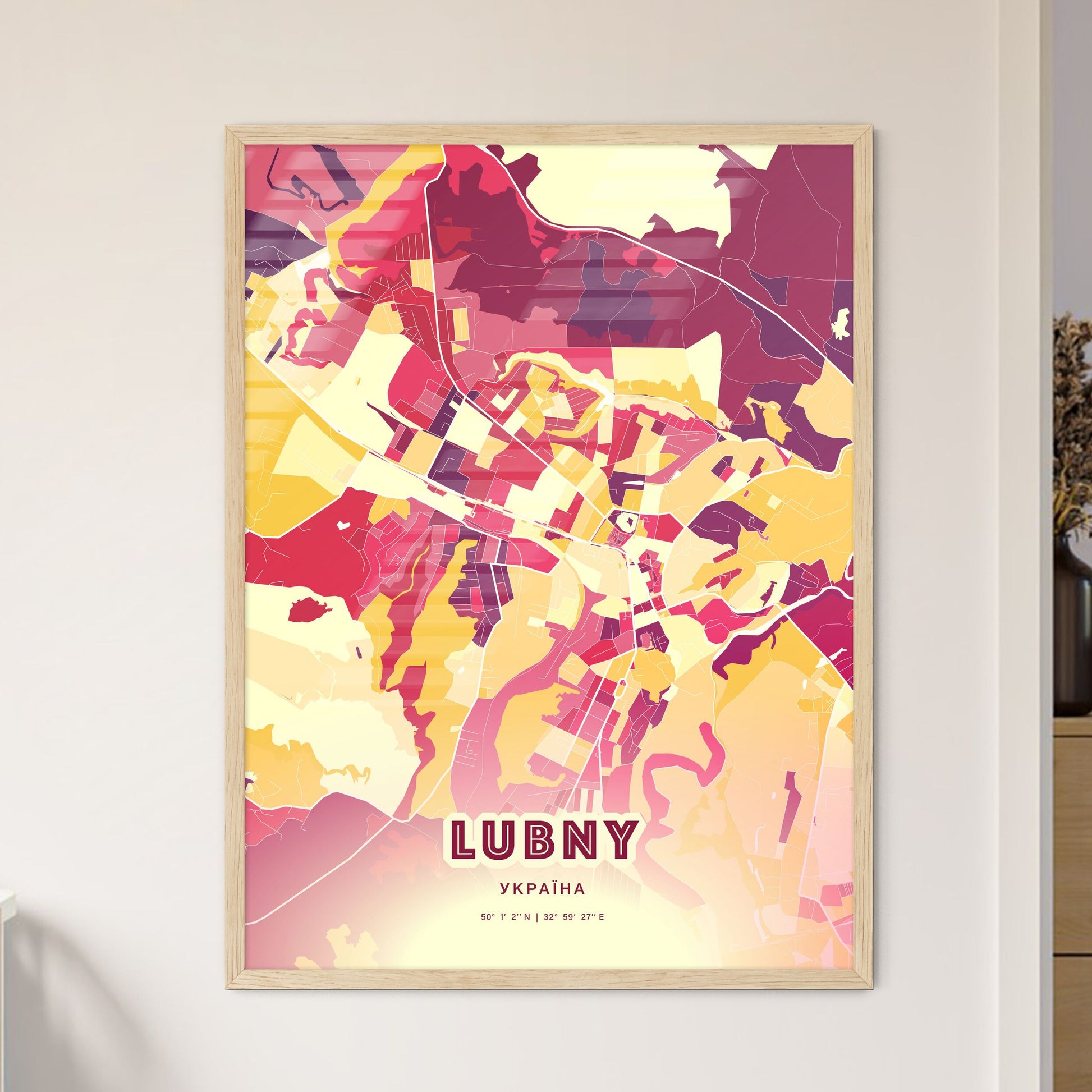 Colorful LUBNY UKRAINE Fine Art Map Hot Red