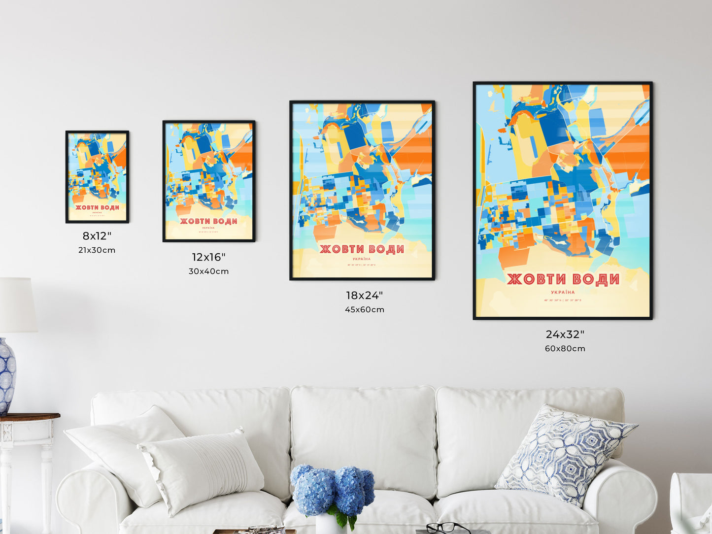 Colorful ZHOVTI VODY UKRAINE Fine Art Map Blue Orange