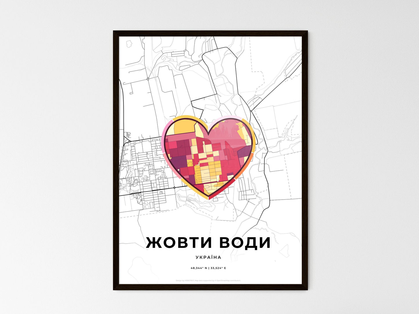 ZHOVTI VODY UKRAINE minimal art map with a colorful icon. Where it all began, Couple map gift. Style 2