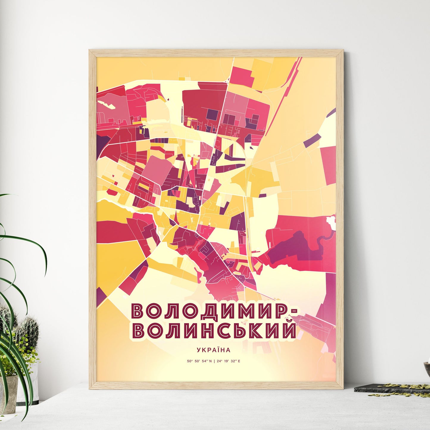 Colorful VOLODYMYR-VOLYNSKYI UKRAINE Fine Art Map Hot Red