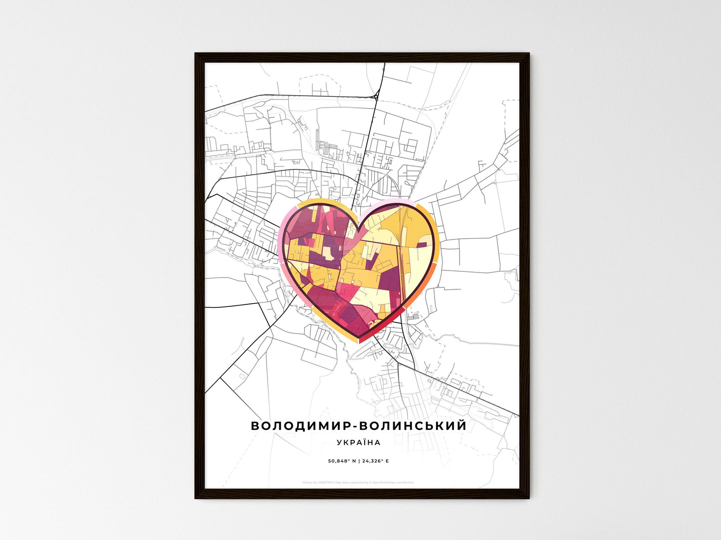 Volodymyr-Volynskyi Ukraine wedding art map with heart icon