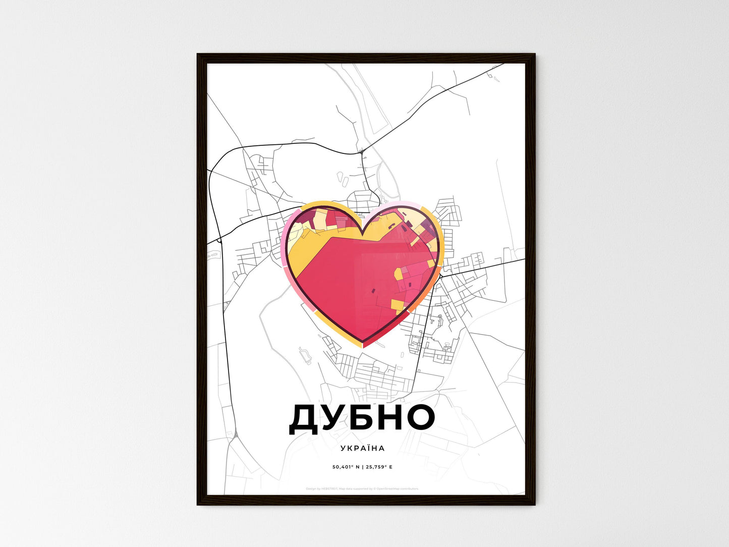 Dubno Ukraine wedding art map with heart icon