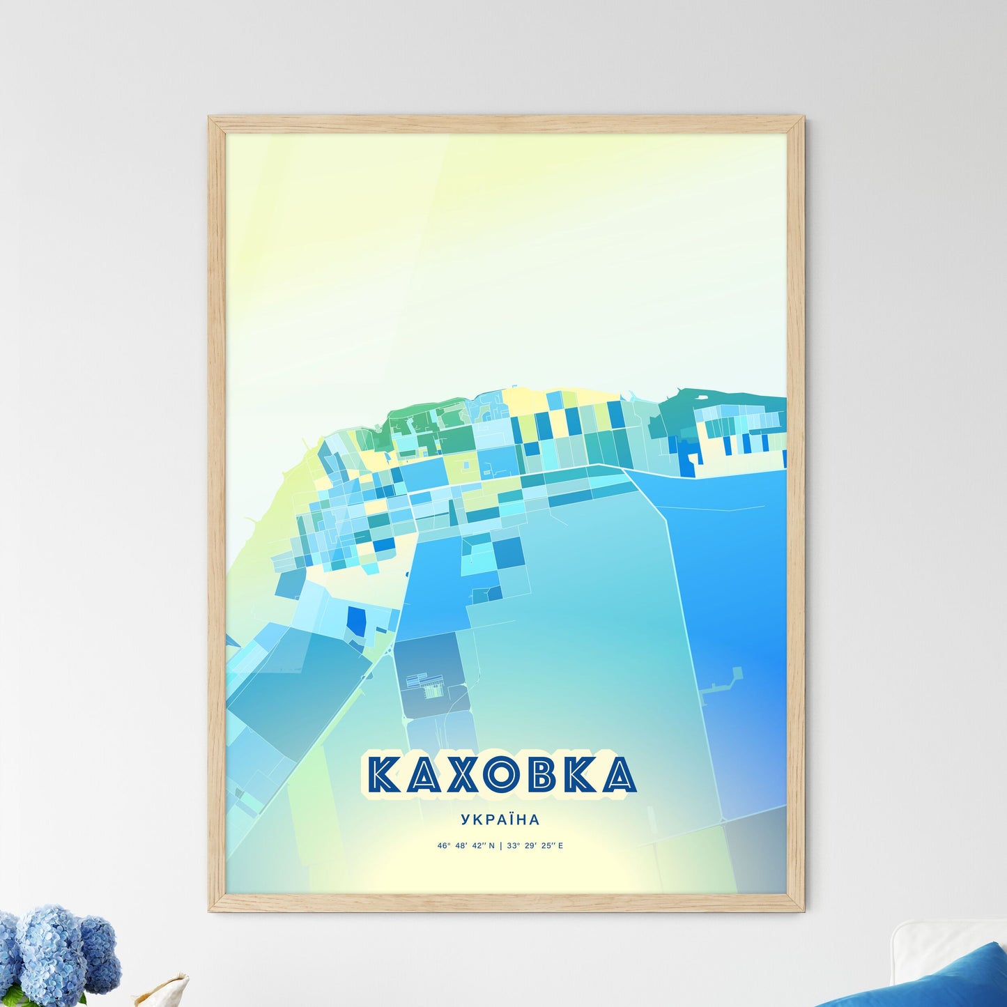 Colorful KAKHOVKA UKRAINE Fine Art Map Cool Blue