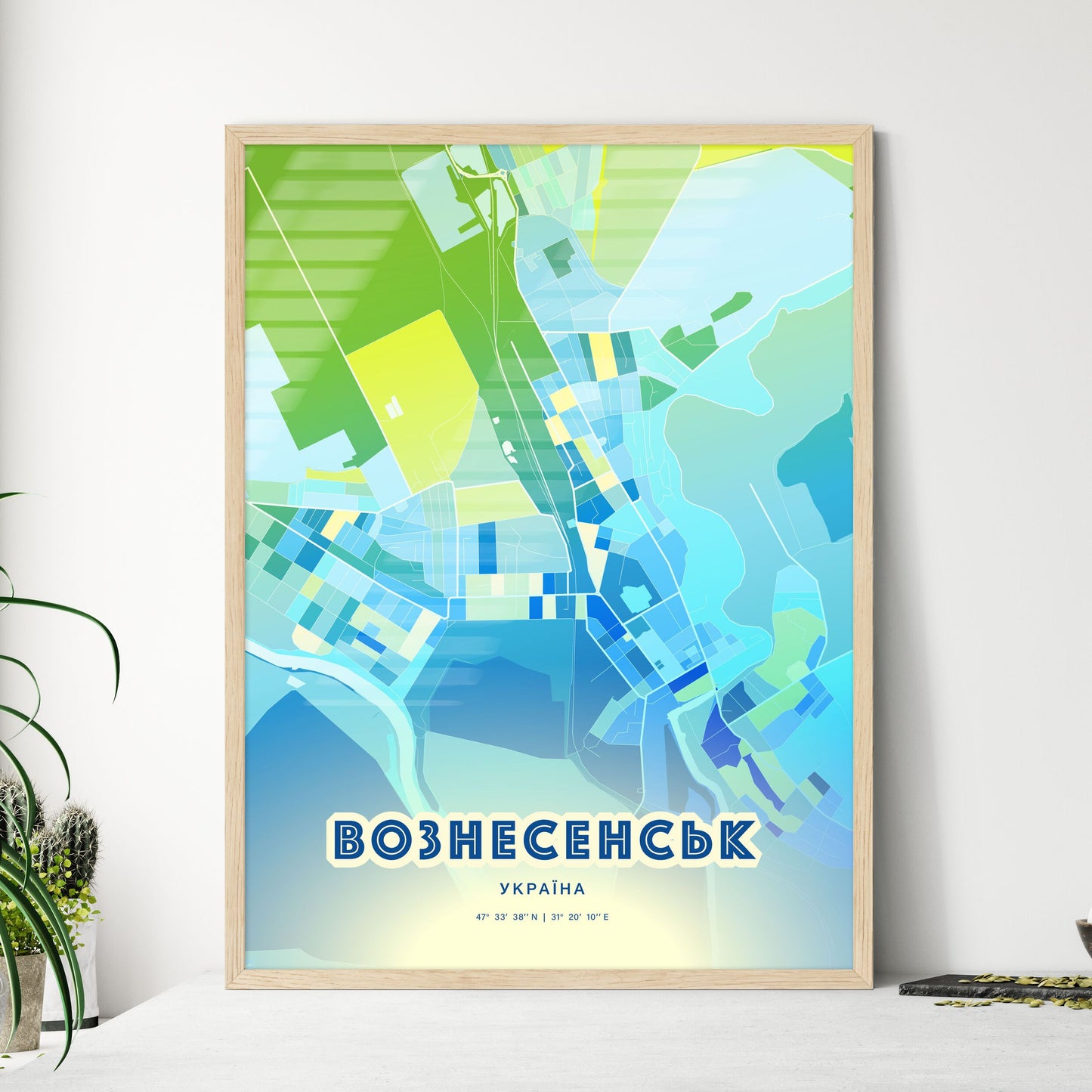 Colorful VOZNESENSK UKRAINE Fine Art Map Cool Blue