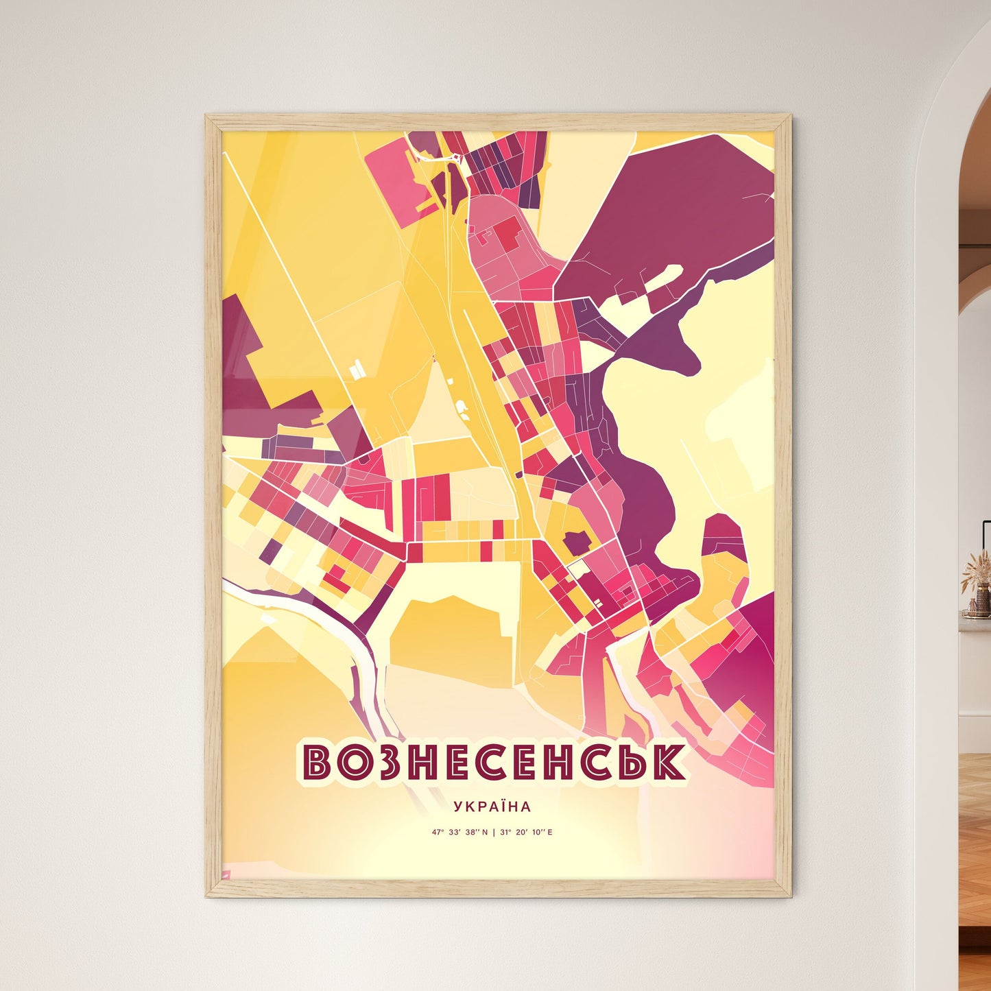 Colorful VOZNESENSK UKRAINE Fine Art Map Hot Red