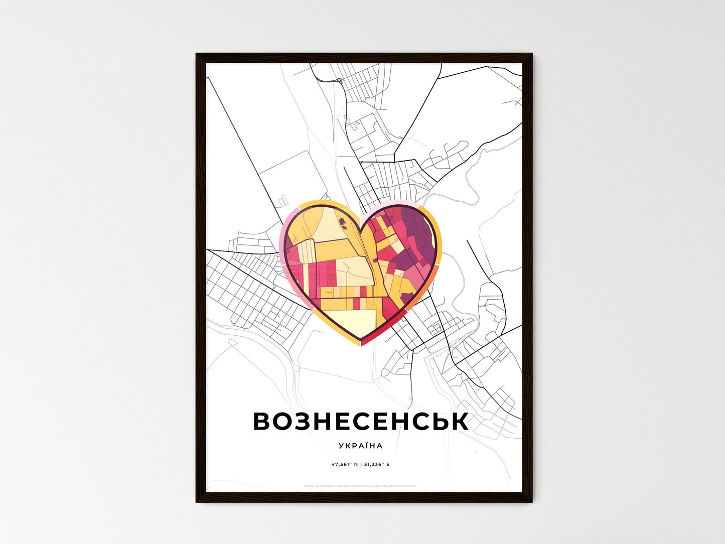 Voznesensk Ukraine wedding art map with heart icon