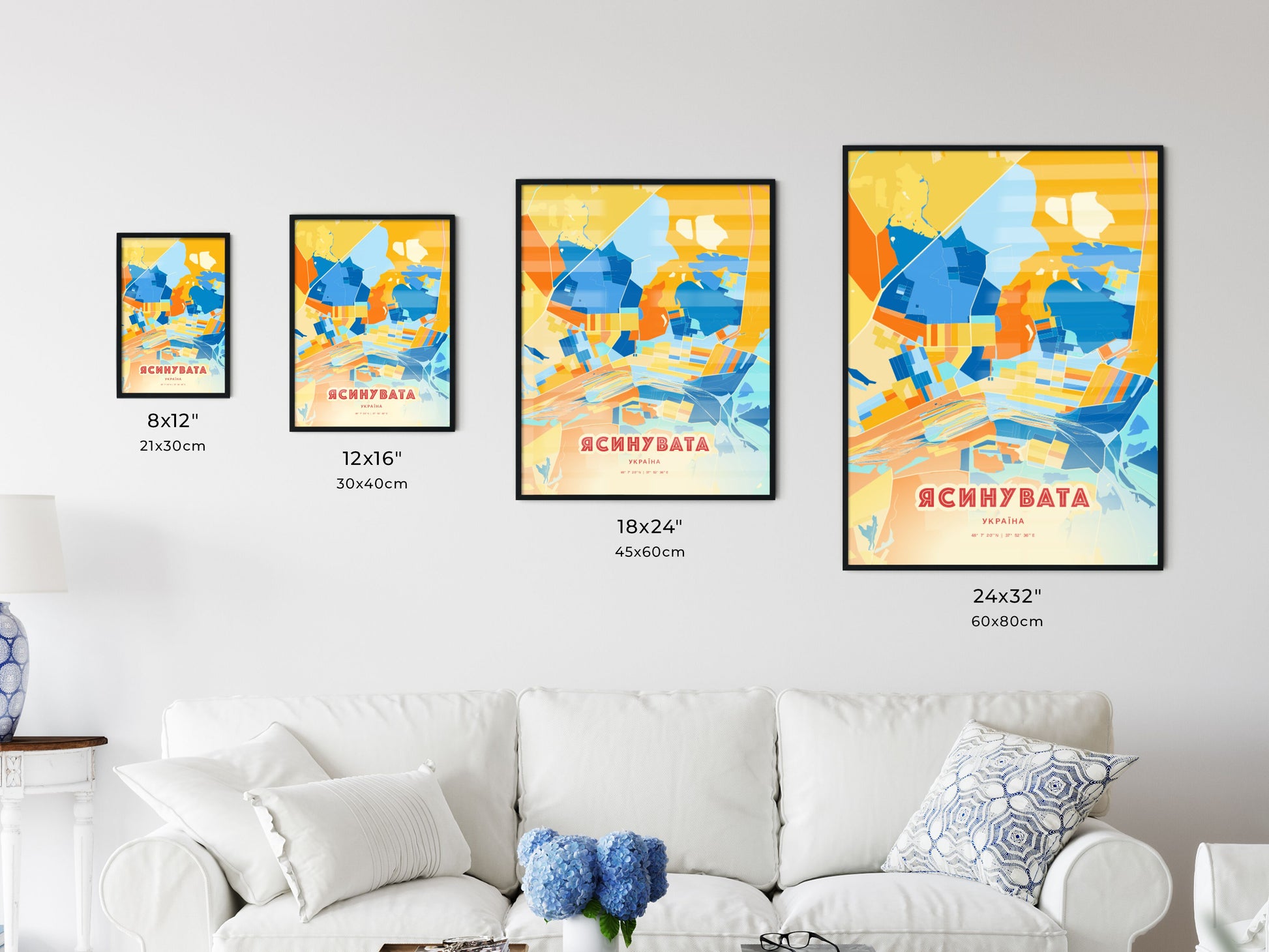 Colorful YASYNUVATA UKRAINE Fine Art Map Blue Orange