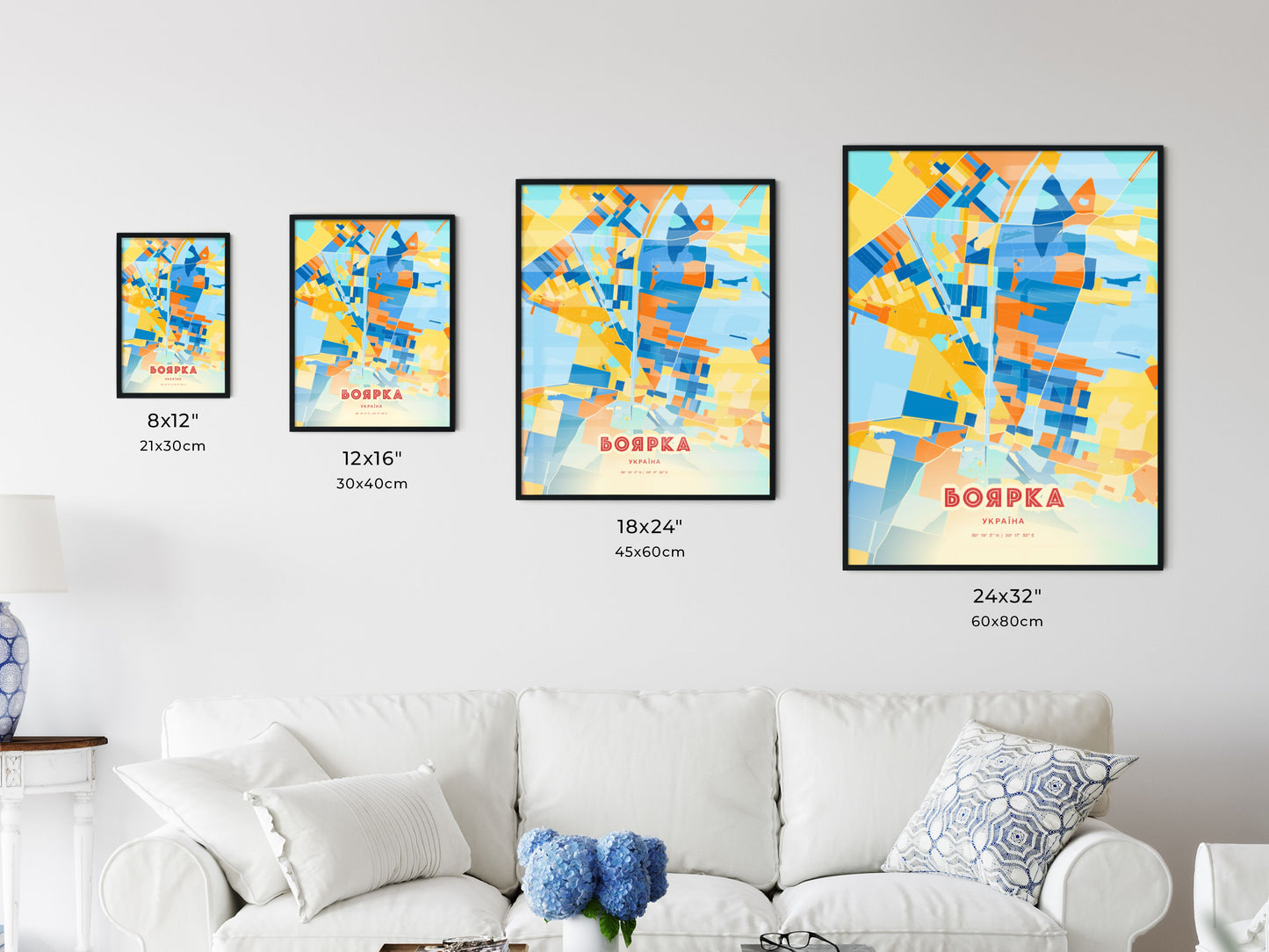 Colorful BOIARKA UKRAINE Fine Art Map Blue Orange