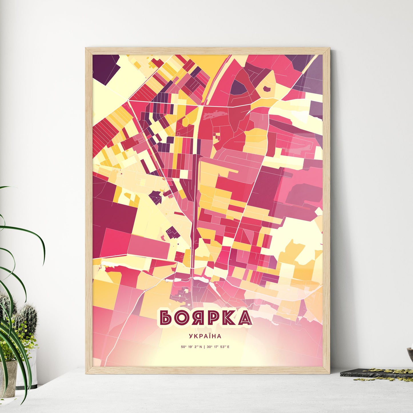 Colorful BOIARKA UKRAINE Fine Art Map Hot Red