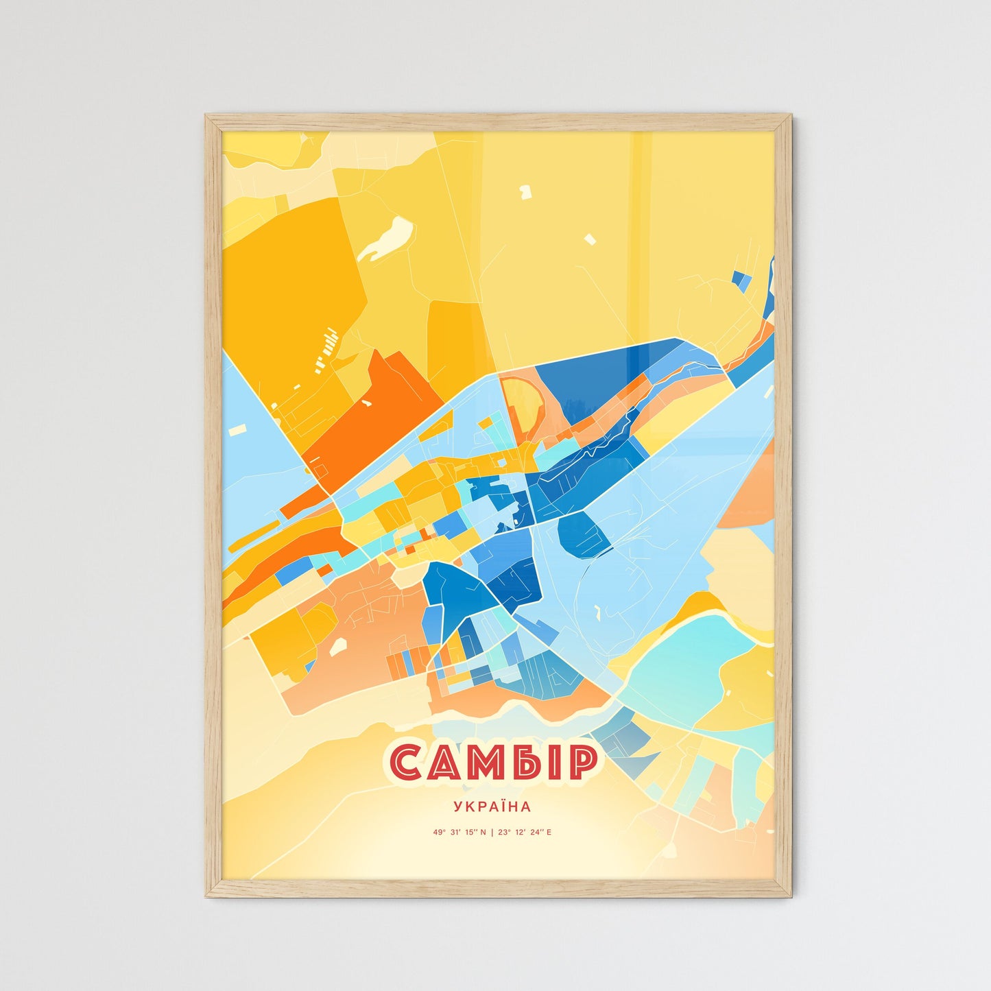 Colorful SAMBIR UKRAINE Fine Art Map Blue Orange