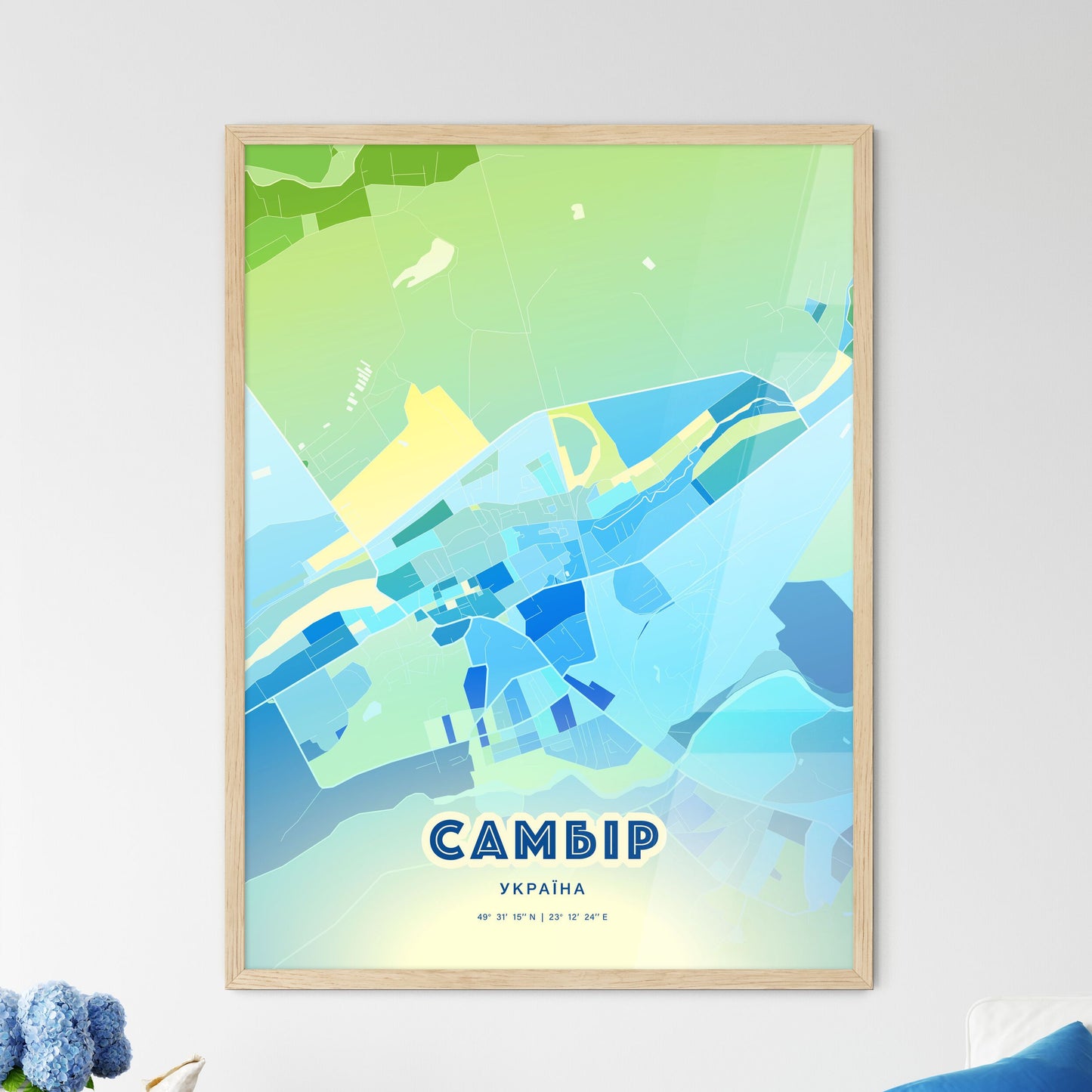 Colorful SAMBIR UKRAINE Fine Art Map Cool Blue