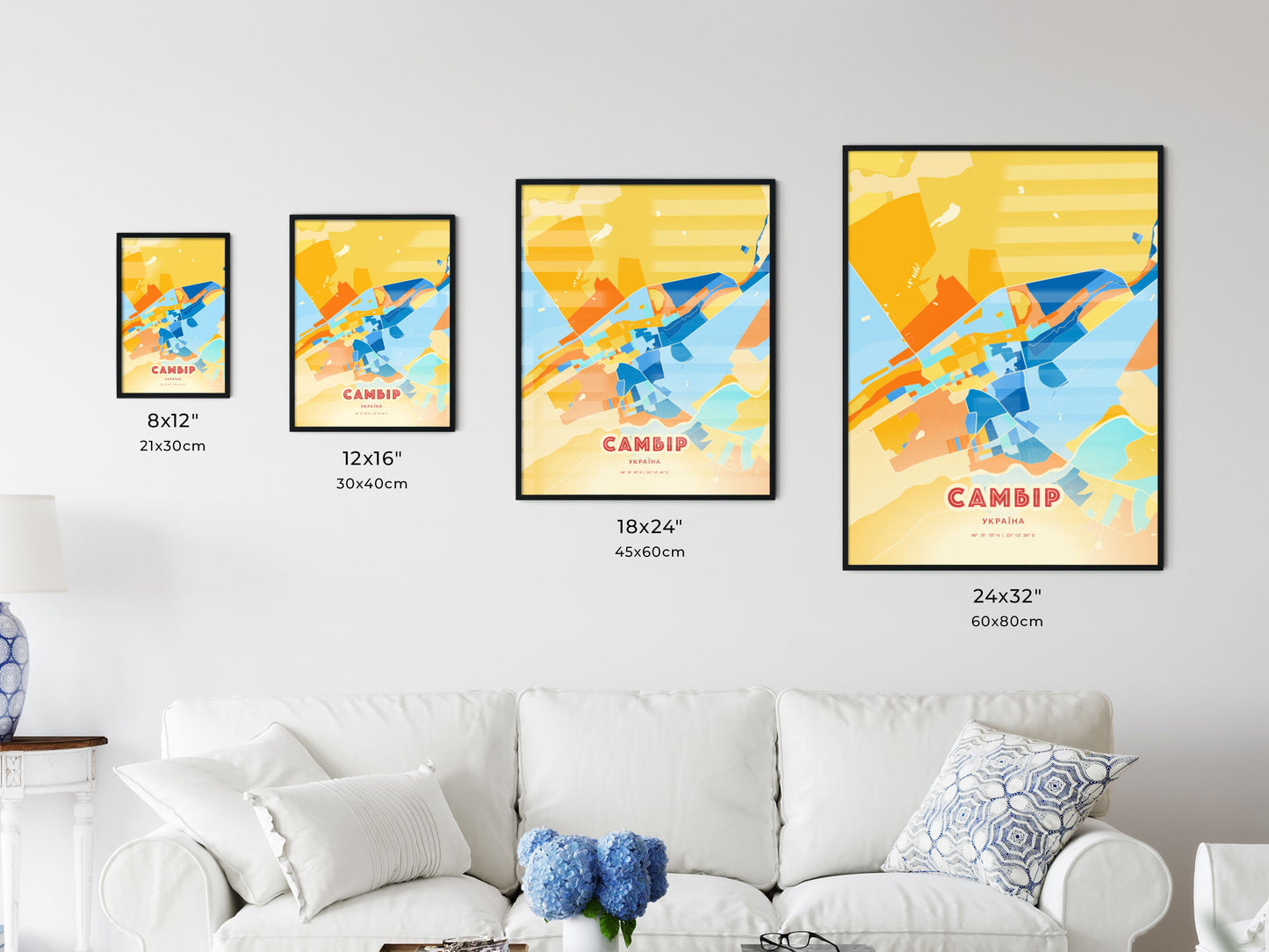 Colorful SAMBIR UKRAINE Fine Art Map Blue Orange