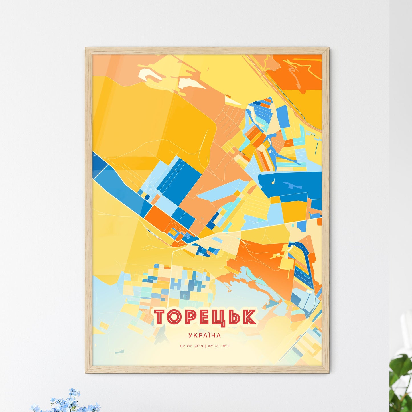 Colorful TORETSK UKRAINE Fine Art Map Blue Orange