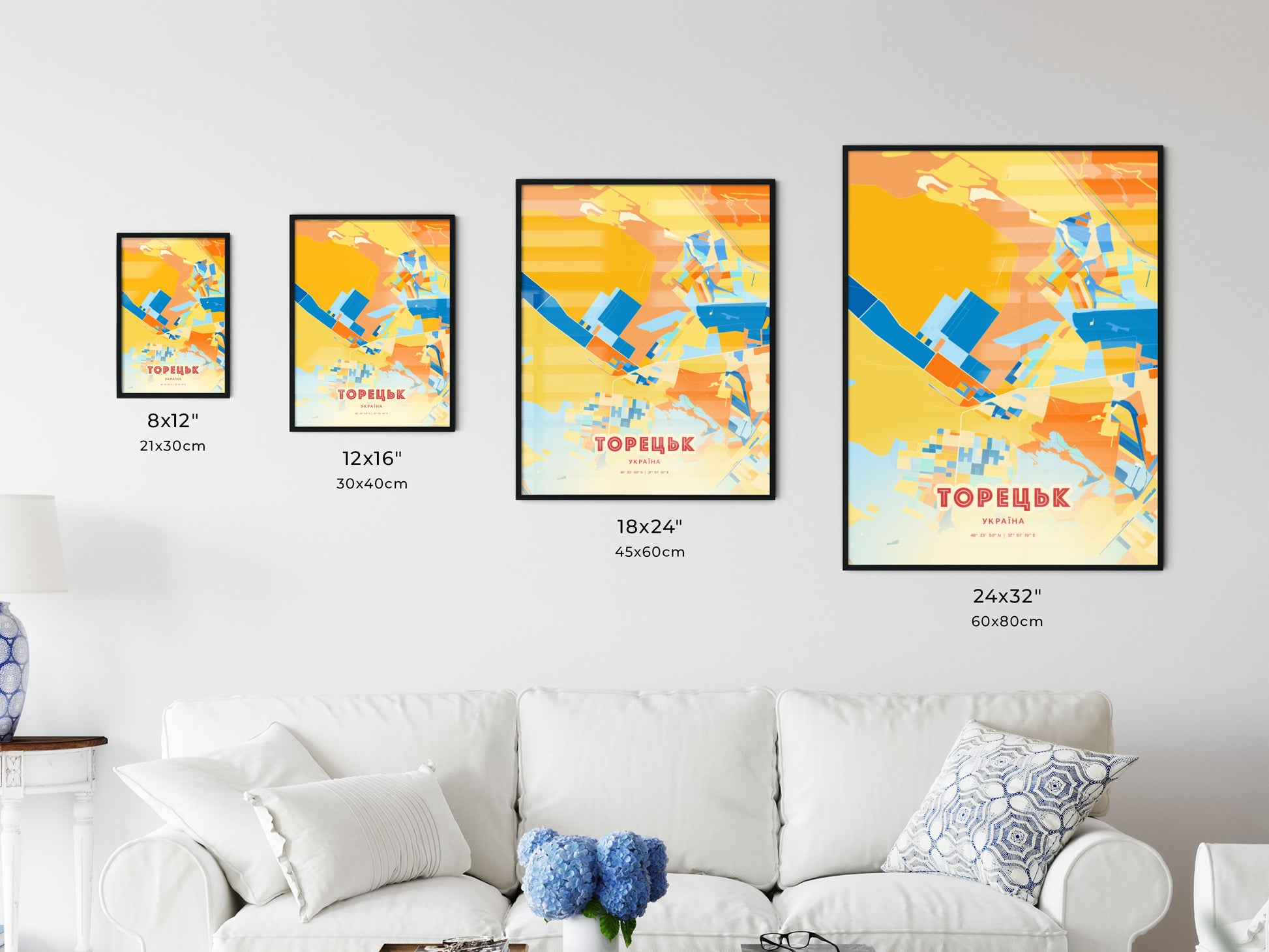 Colorful TORETSK UKRAINE Fine Art Map Blue Orange