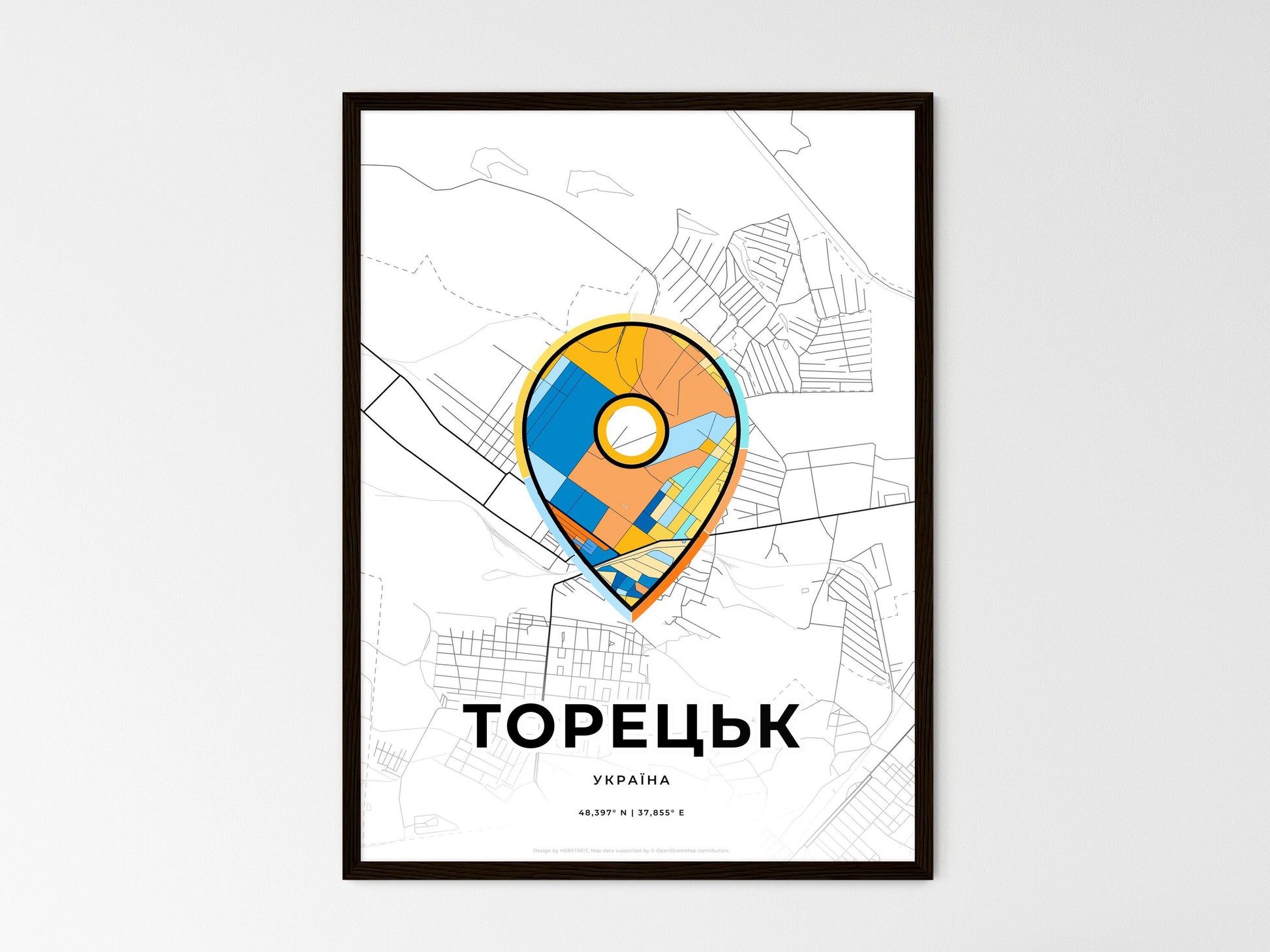 TORETSK UKRAINE minimal art map with a colorful icon. Where it all began, Couple map gift. Style 1